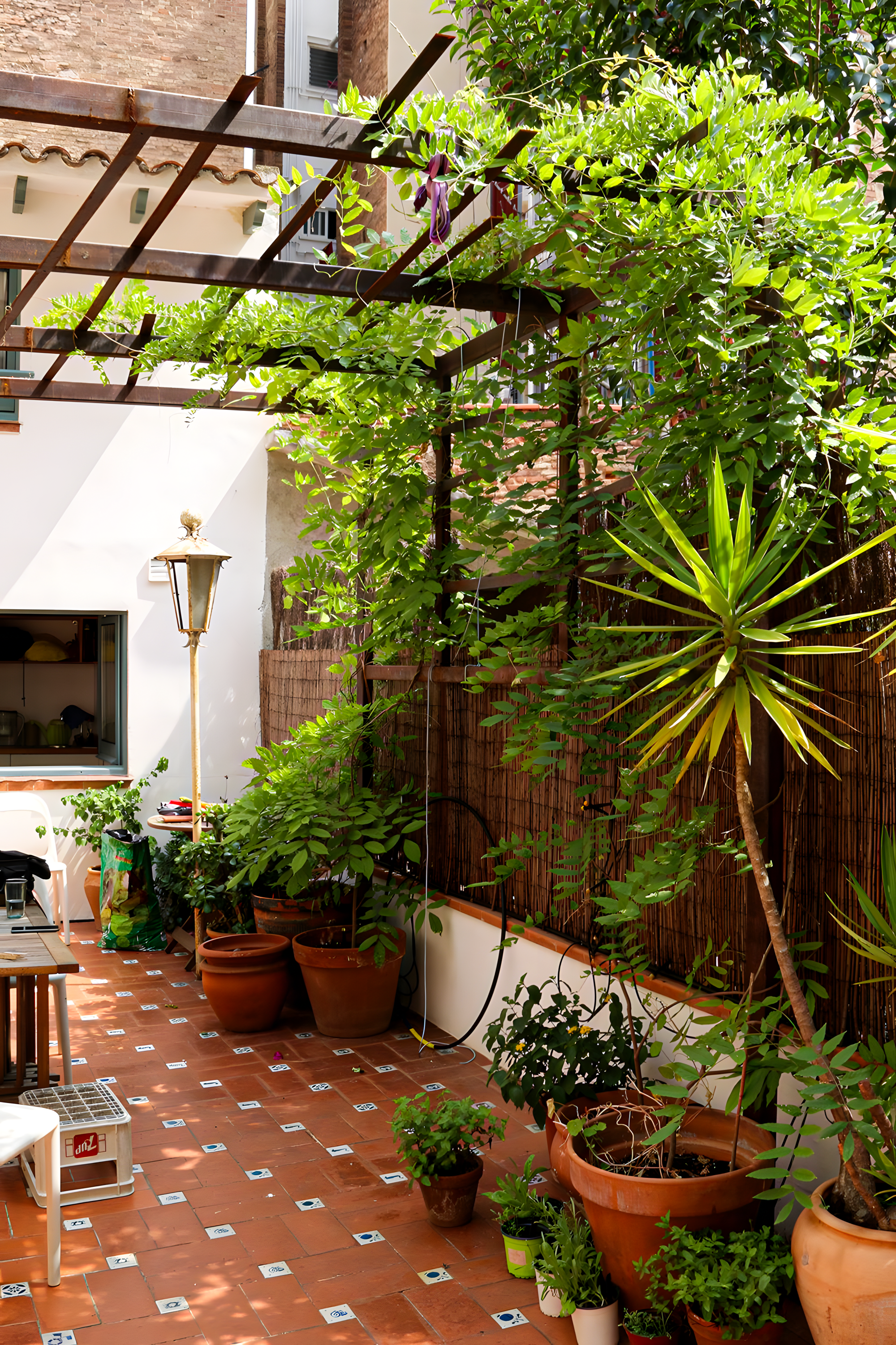 Cozy Terrace with Terracotta Tiles and Lush Greenery | Material Depot