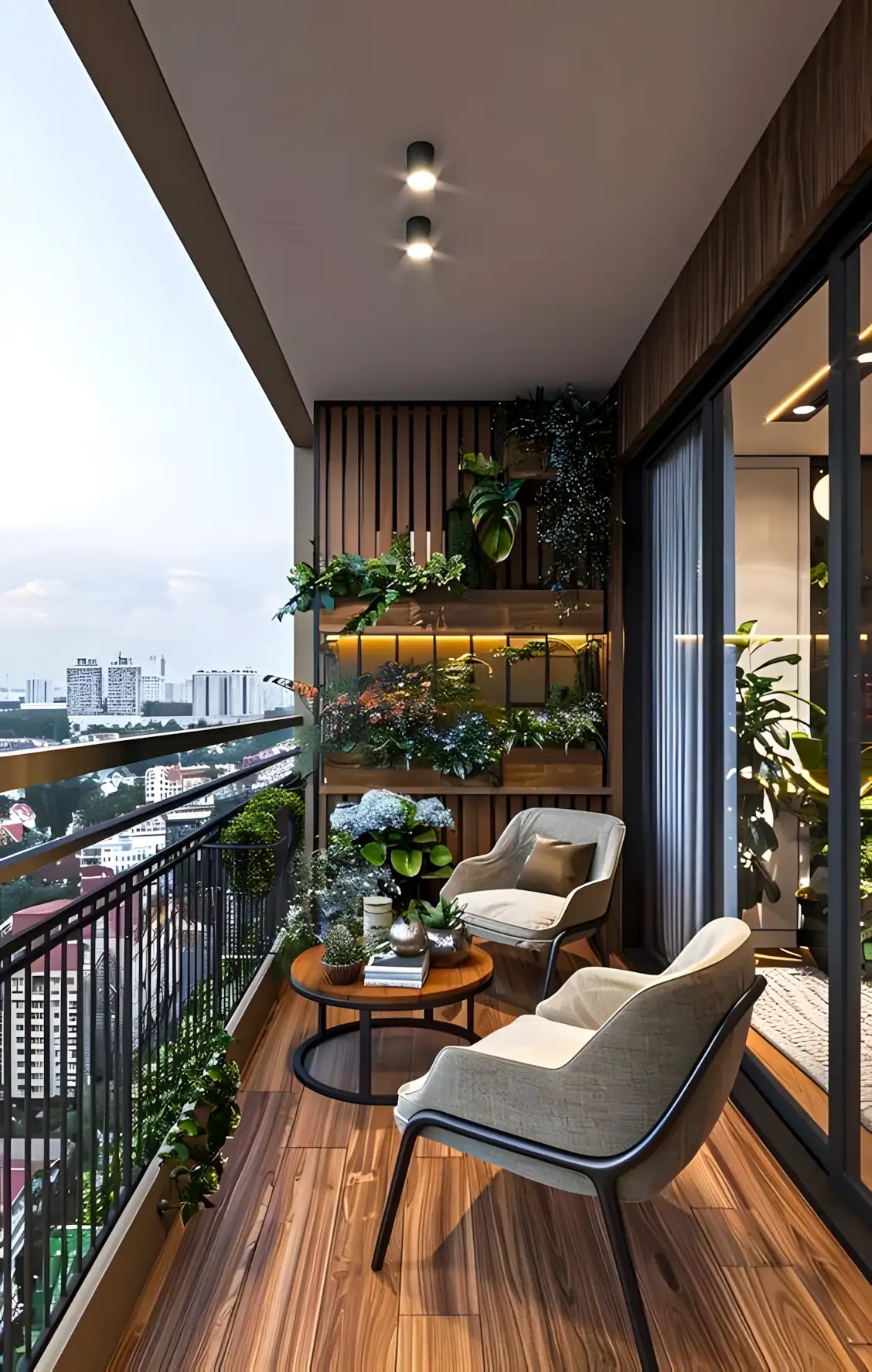 Cozy Urban Balcony with Wooden Accents and Vertical Garden | Material Depot