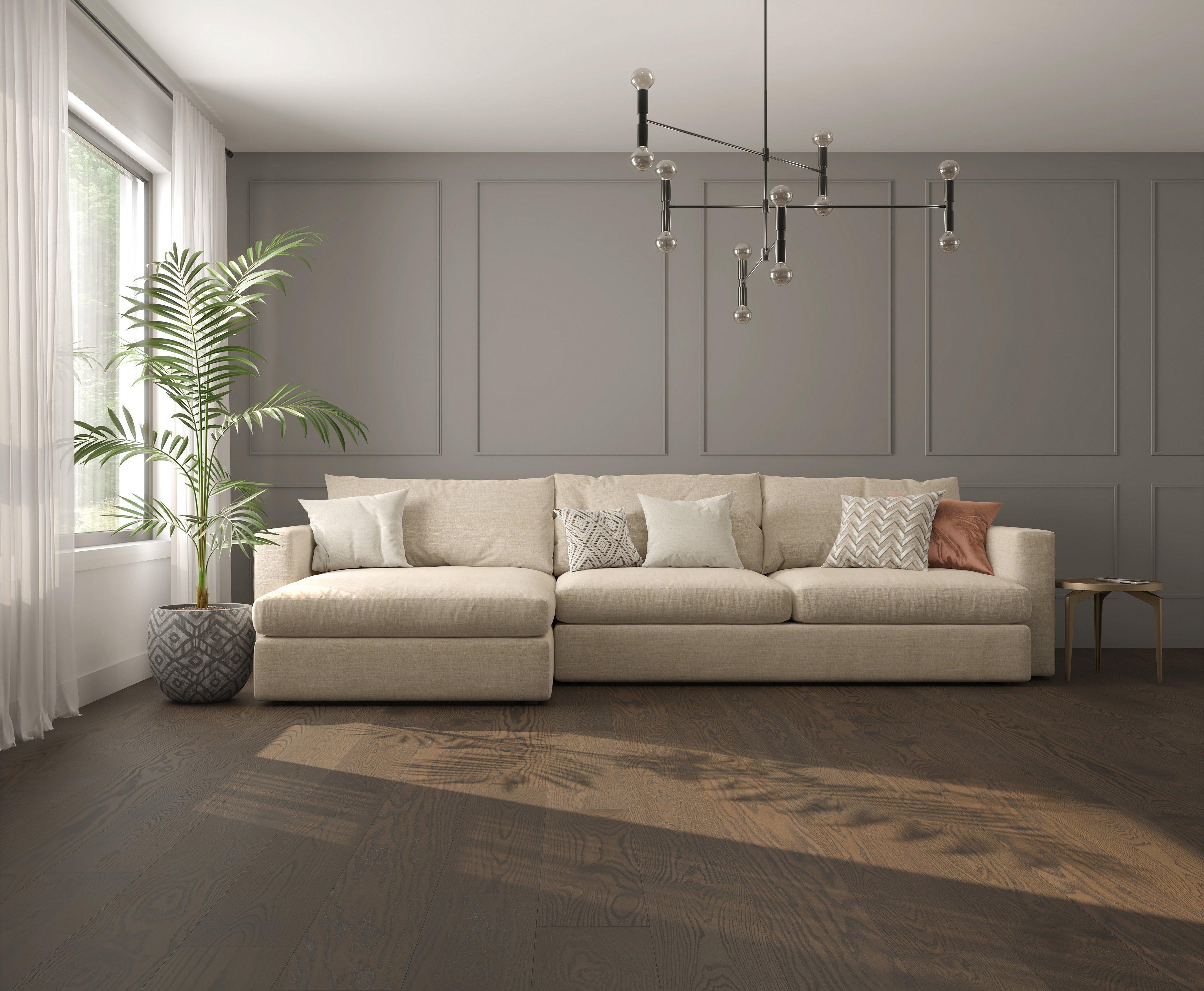 Living room with wooden laminate floor and brown louver