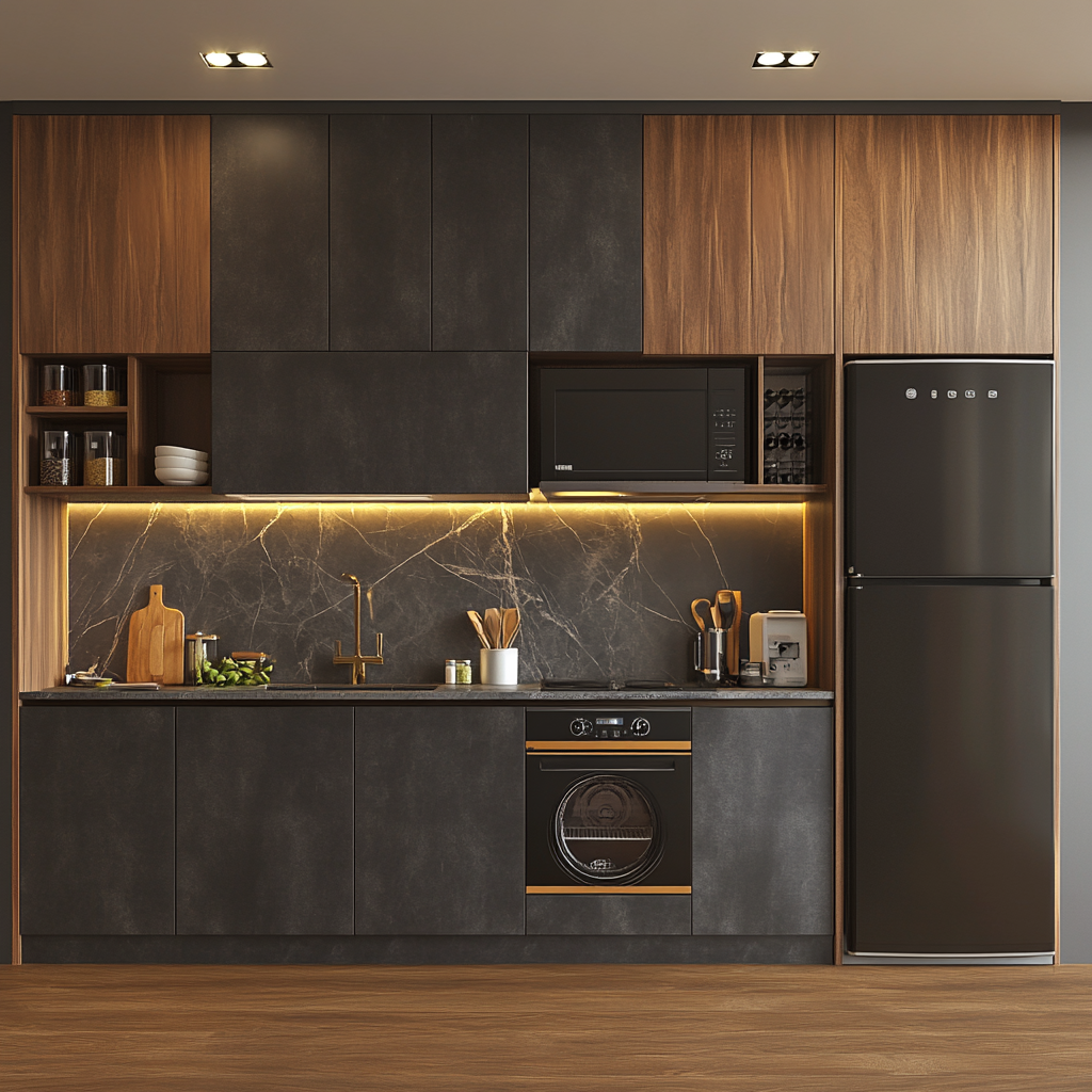 Dark Modern Kitchen with Marble Feature Wall and Ambient Lighting | Material Depot