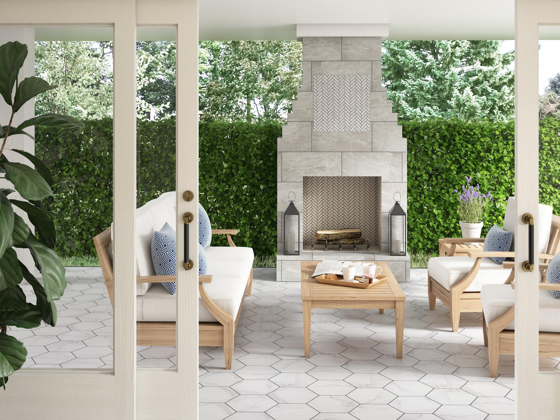 Outdoor area with white hexagonal floor tiles