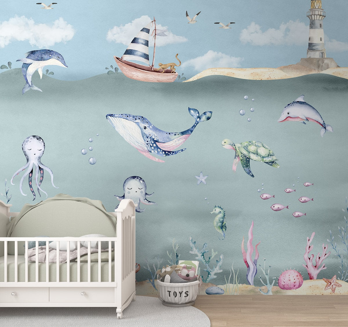 A close-up of a Ocean World, Kids Room Wallpaper, Customised Sparkla N Shine Series Entertainment Design (Customised Size Wallpaper) with a finish available at Material Depot in Bangalore