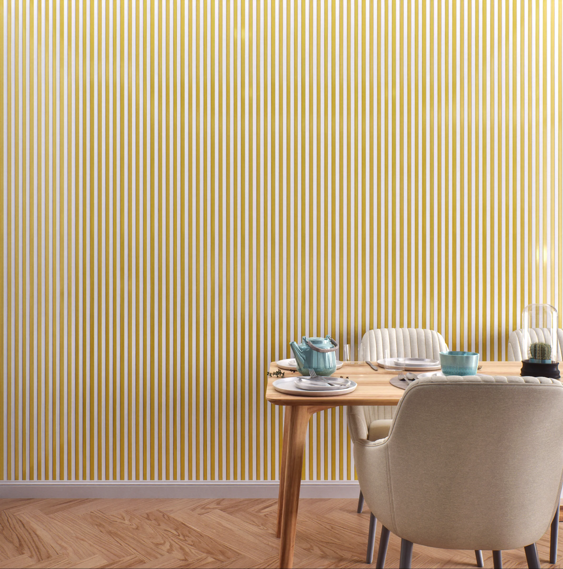 Dining Room with Yellow and White Striped Louver Panels | Material Depot