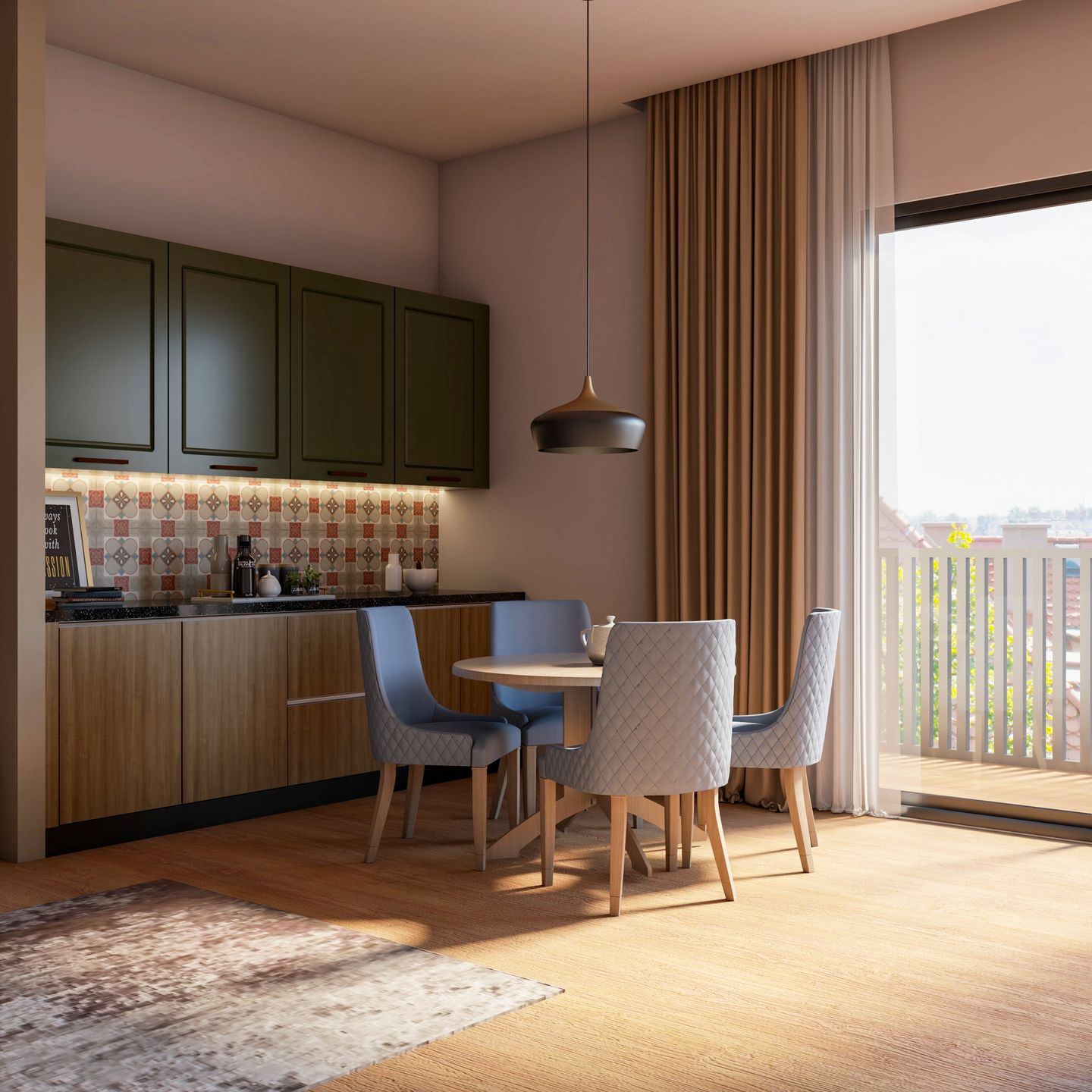 Dining area with green cabinets, wooden table, blue chairs, and balcony view