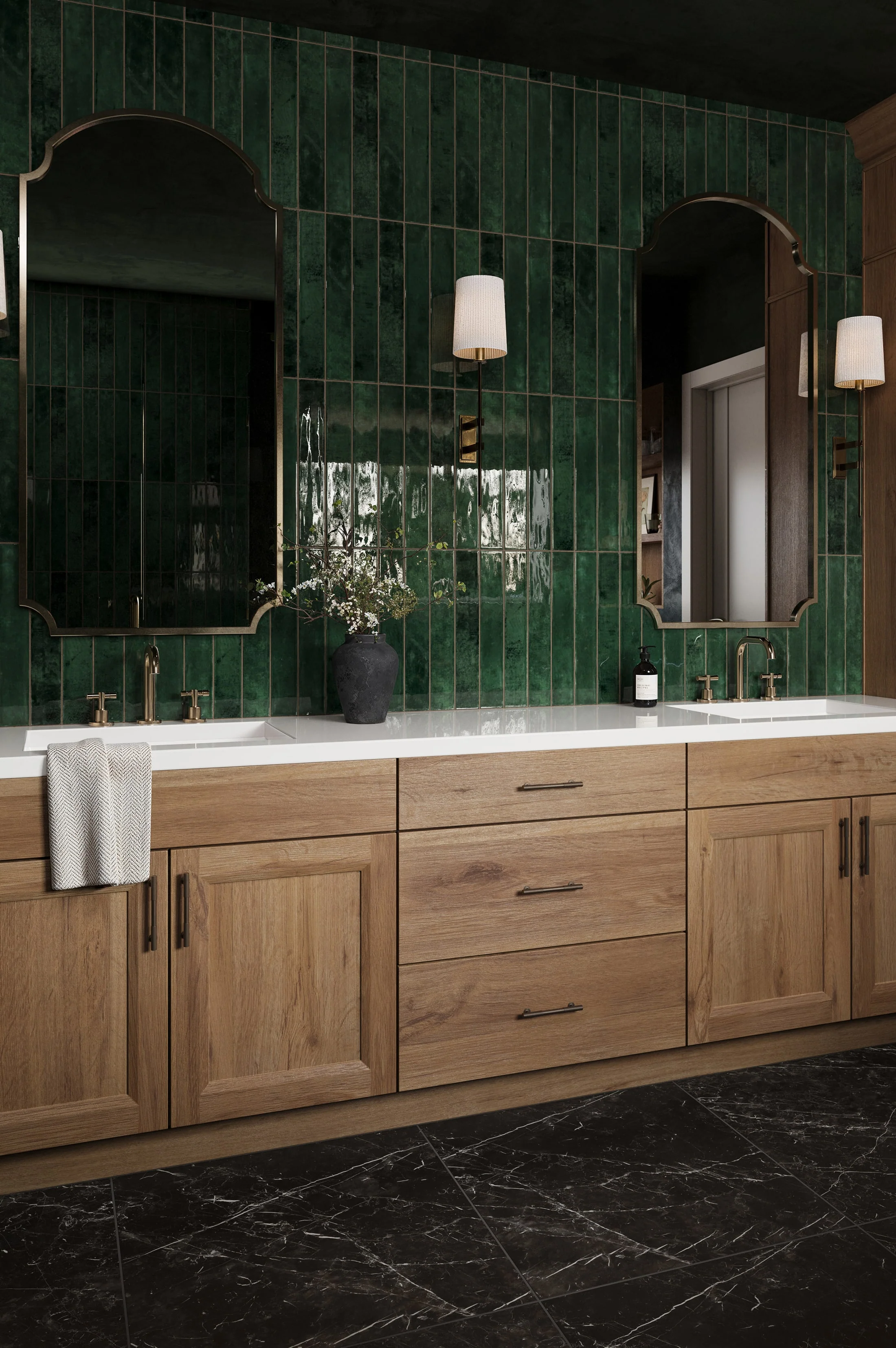 Dramatic Dark Green Tiled Bathroom with Black Marble Floor and Wood Vanity | Material Depot