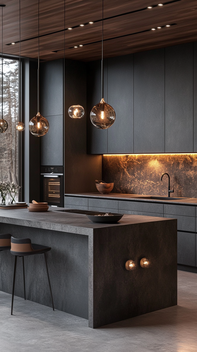 Dramatic Flair: A Dark Kitchen with Warm Wood Accents and Unique Lighting | Material Depot