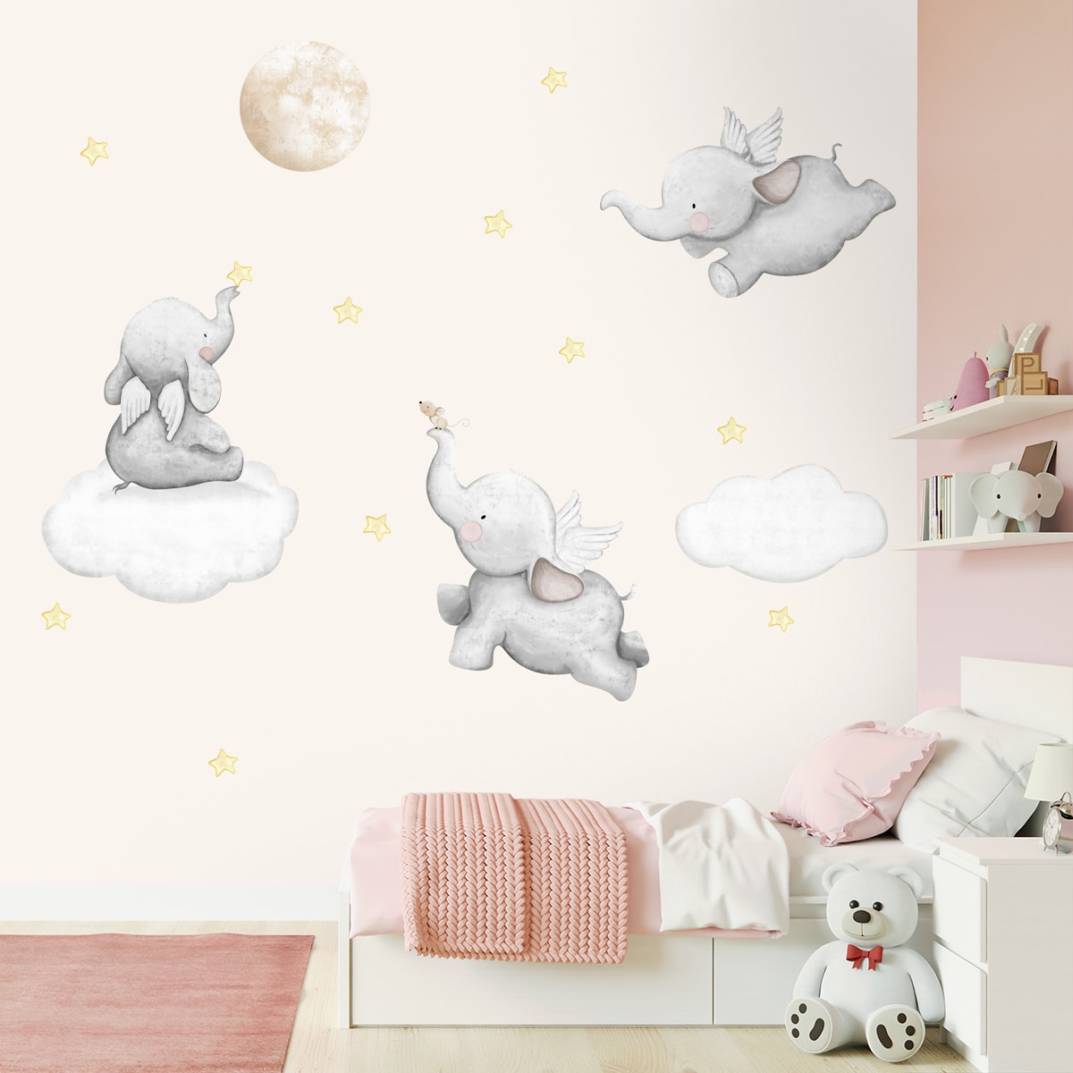 A close-up of a Dreamy Elephant Design for Kids Room Nursery Wallpaper, Customised Sparkla N Shine Series Entertainment Design (Customised Size Wallpaper) with a finish available at Material Depot in Bangalore