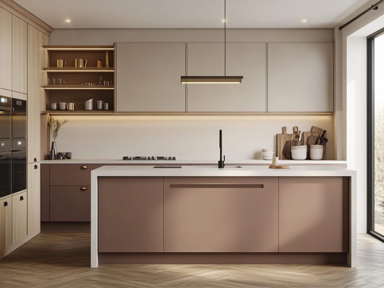 Glossy Island Kitchen with Dark Accents and Floor-to-Ceiling Windows | Material Depot