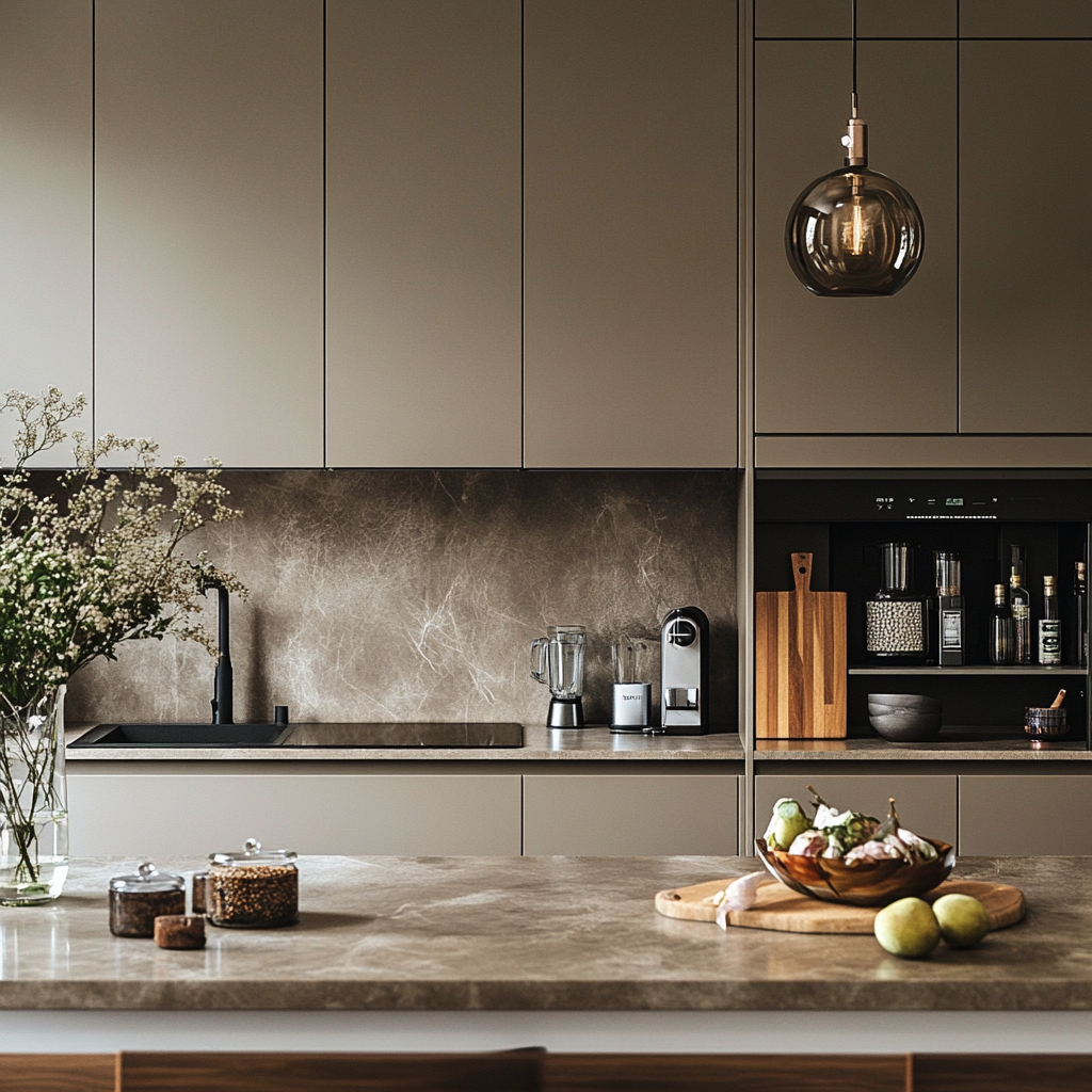 Earthy Allure: A Harmonious Blend of Textured Backsplash and Subtle Tones in a Modern Kitchen | Material Depot