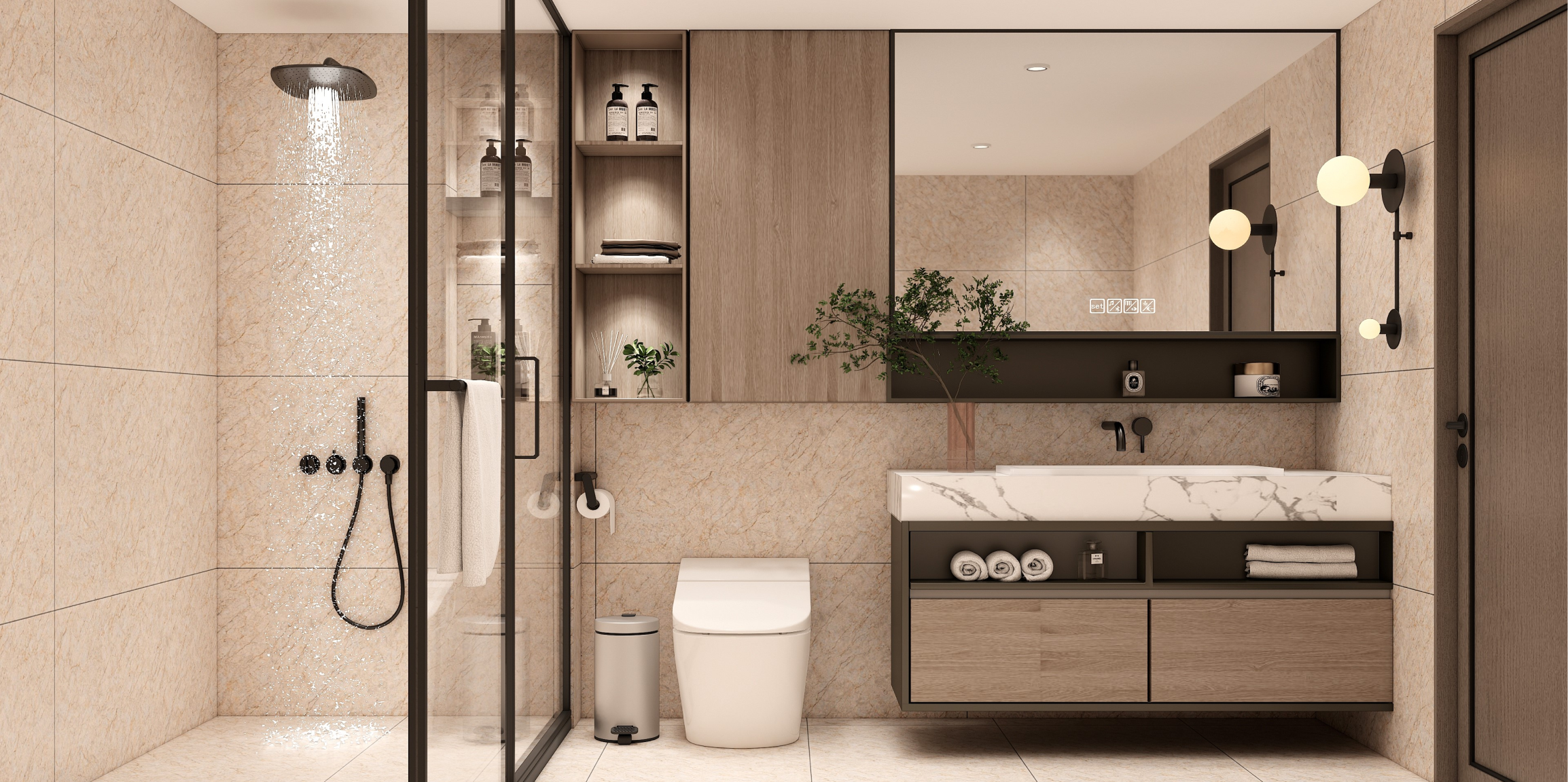 Earthy Beige Bathroom with Matte Finish Vitrified Tiles | Material Depot