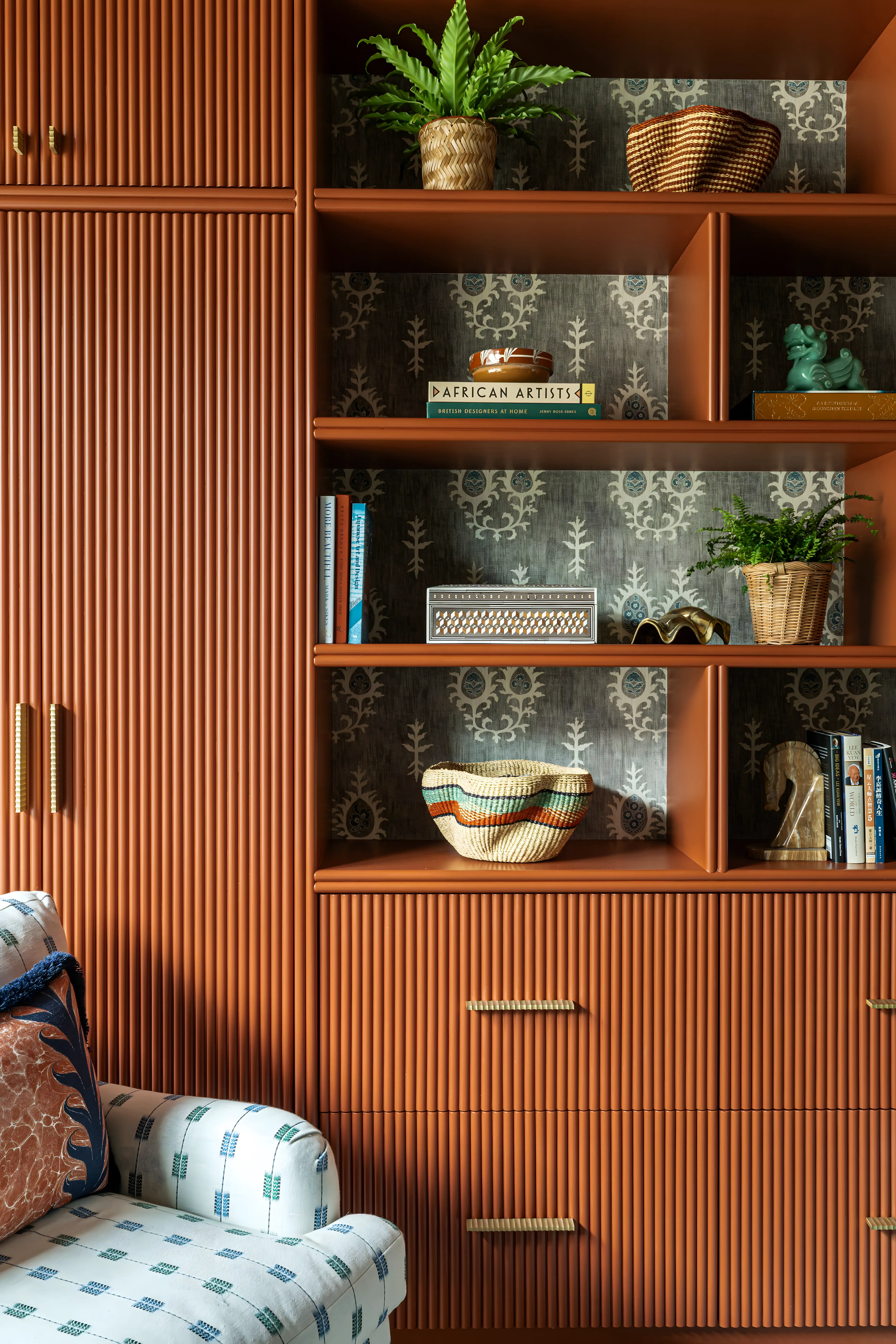 Earthy Fluted Shelves with Bold Wallpaper Backdrop | Material Depot