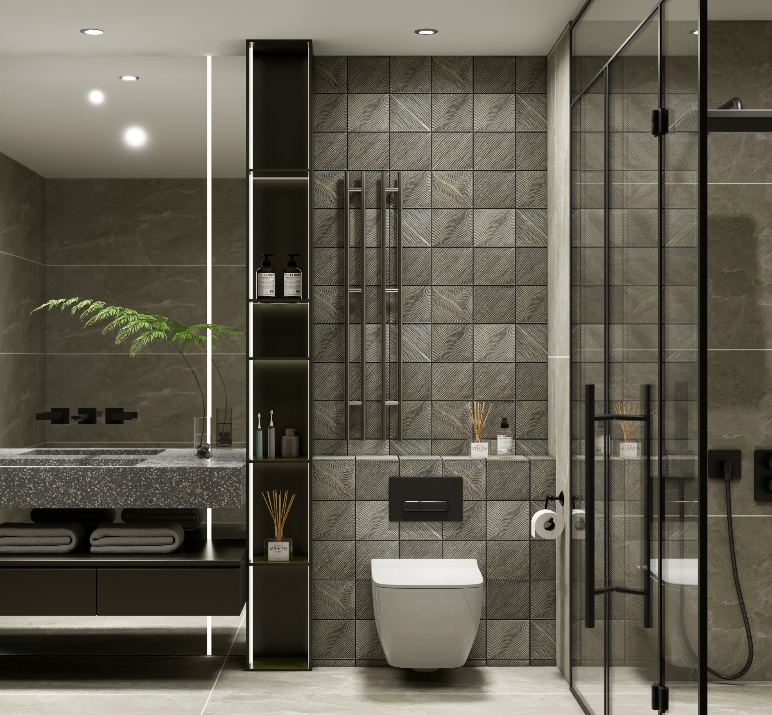 Earthy Modern Bathroom with Textured Highlighter Tiles | Material Depot