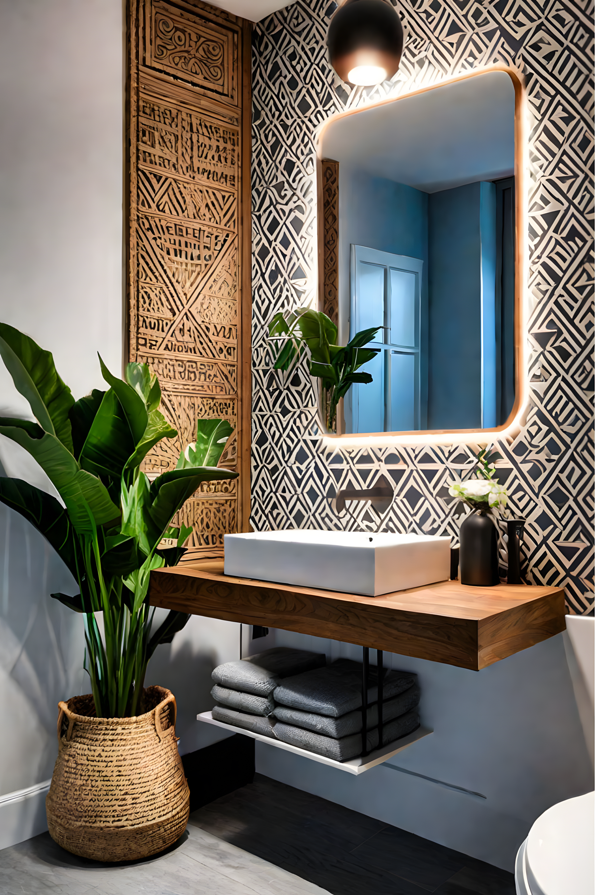 Eclectic Bathroom with Patterned Tiles and Carved Wood Accents | Material Depot