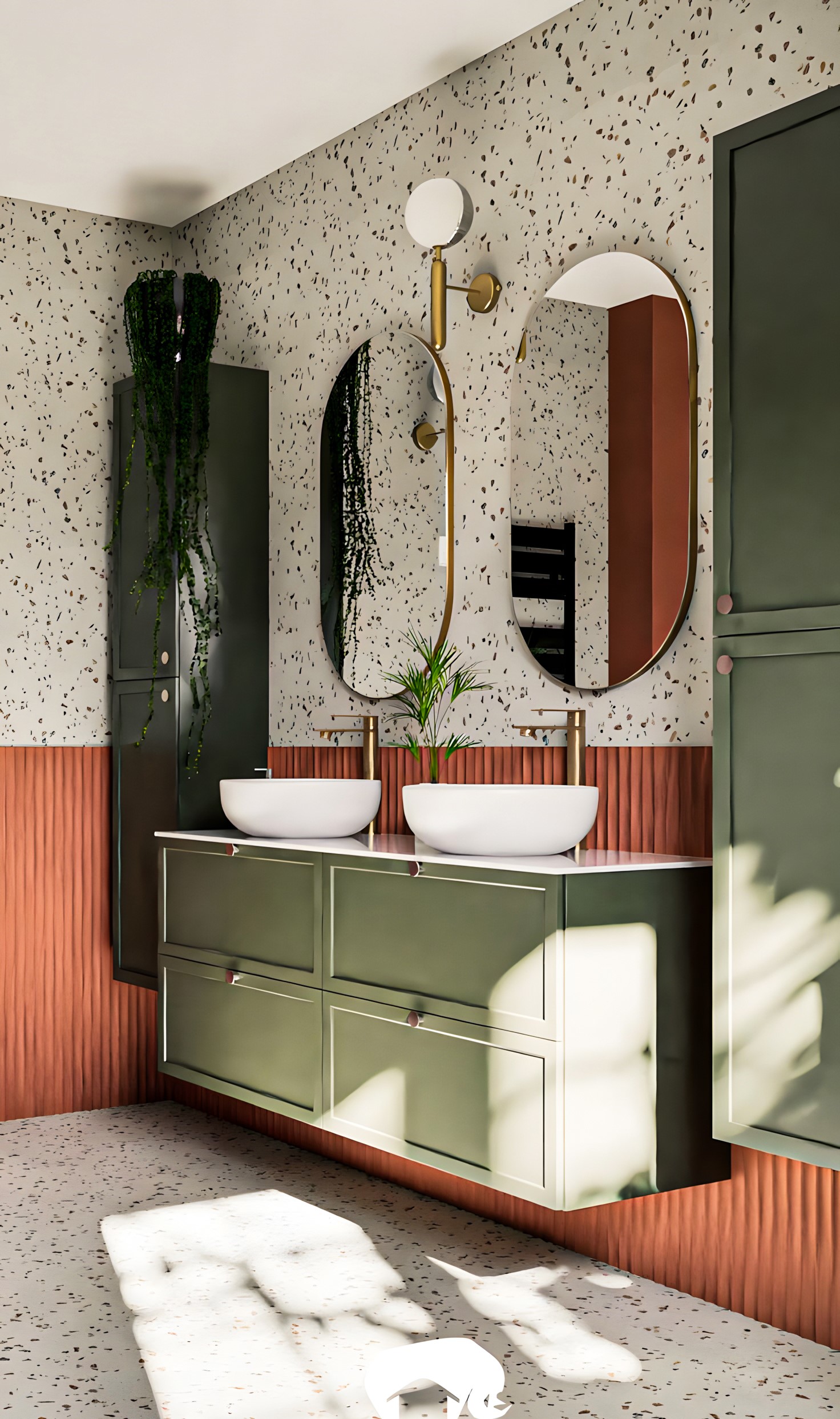 Eclectic Bathroom with Terrazzo Walls and Dual Vanity in Shades of Olive and Coral | Material Depot