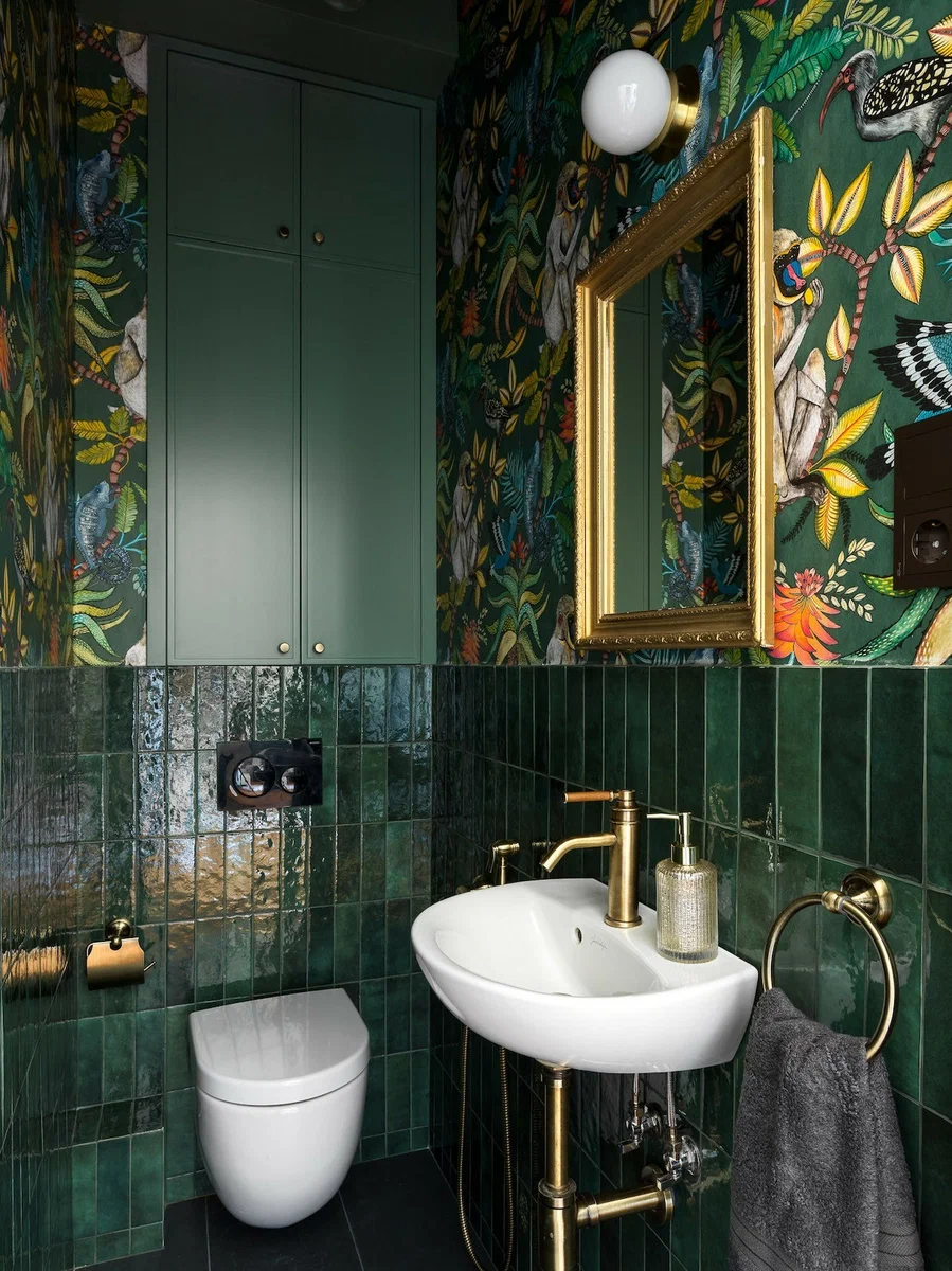 Eclectic Bathroom with Tropical Wallpaper and Green Tiles | Material Depot