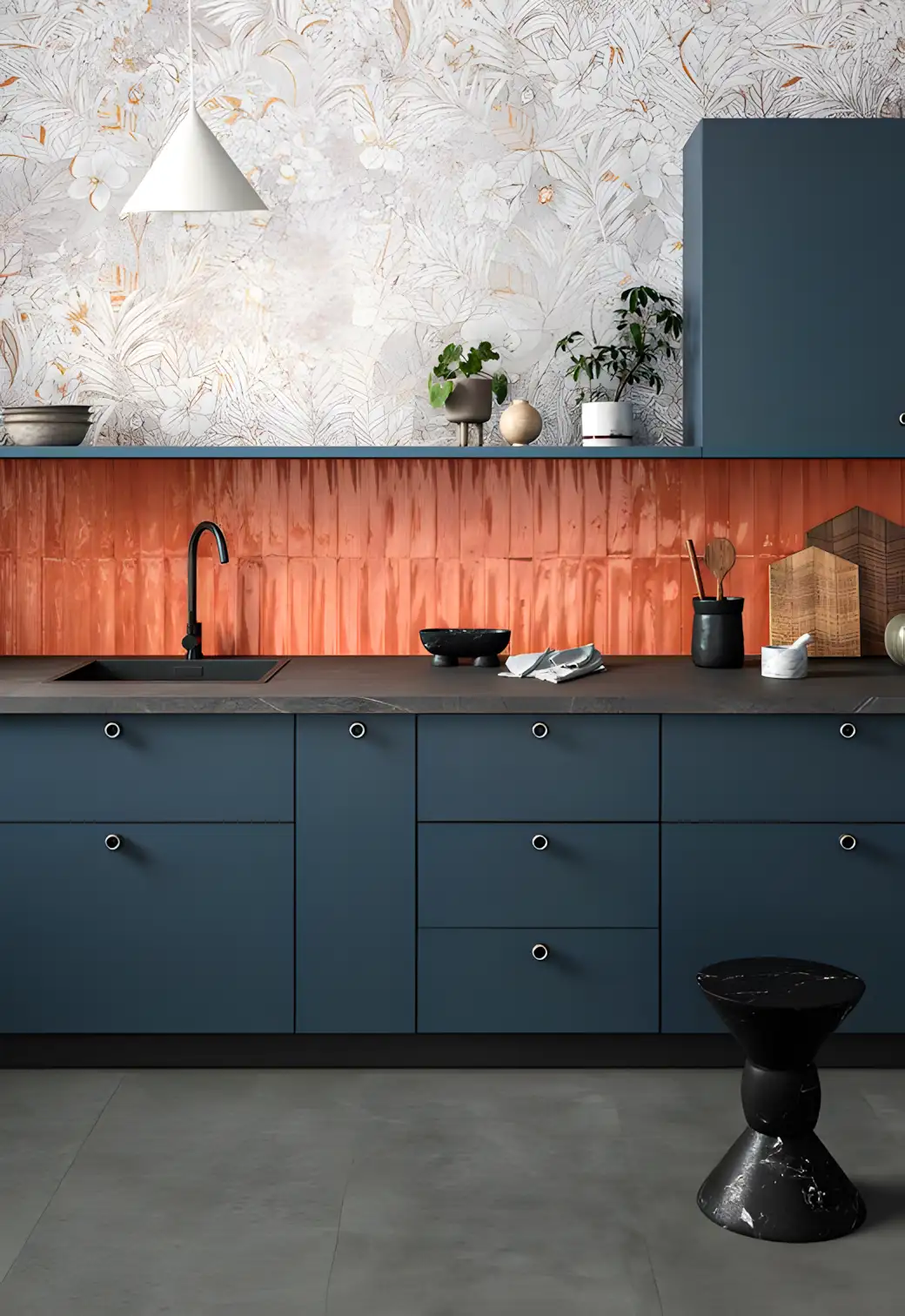 Eclectic Modern Kitchen with Bold Backsplash and Floral Accent Wall | Material Depot