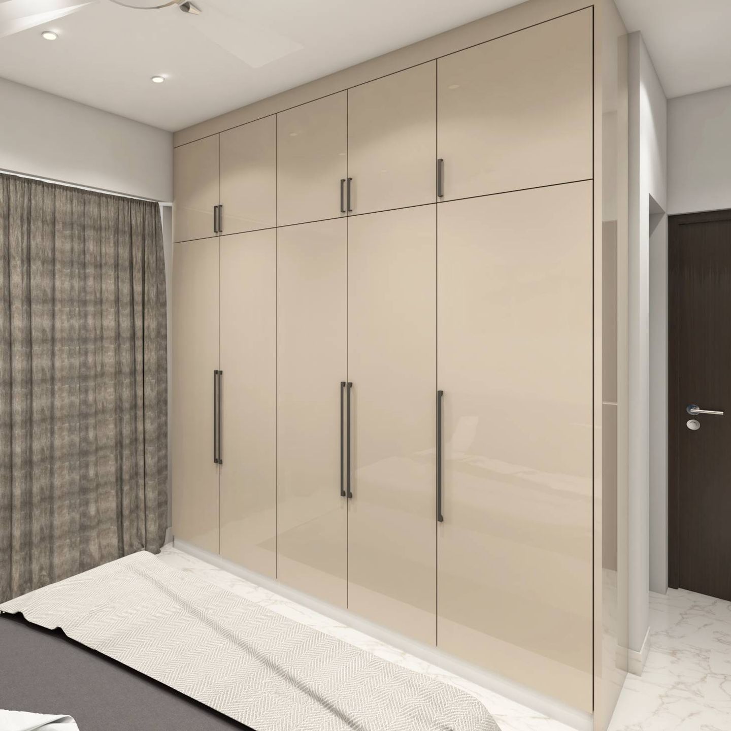 Room with a beige wardrobe and loft storage, adorned with designer curtains in a serene beige and white color scheme.