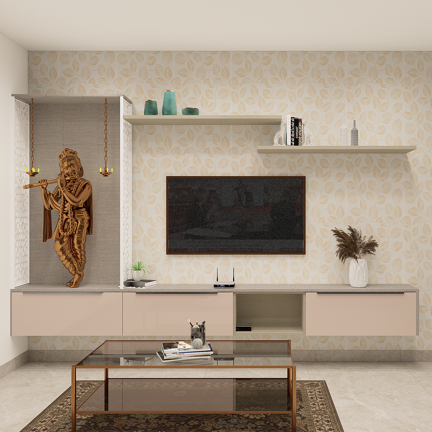 Modern TV unit with integrated Pooja space: Effortless elegance that harmonizes style and functionality in contemporary living.