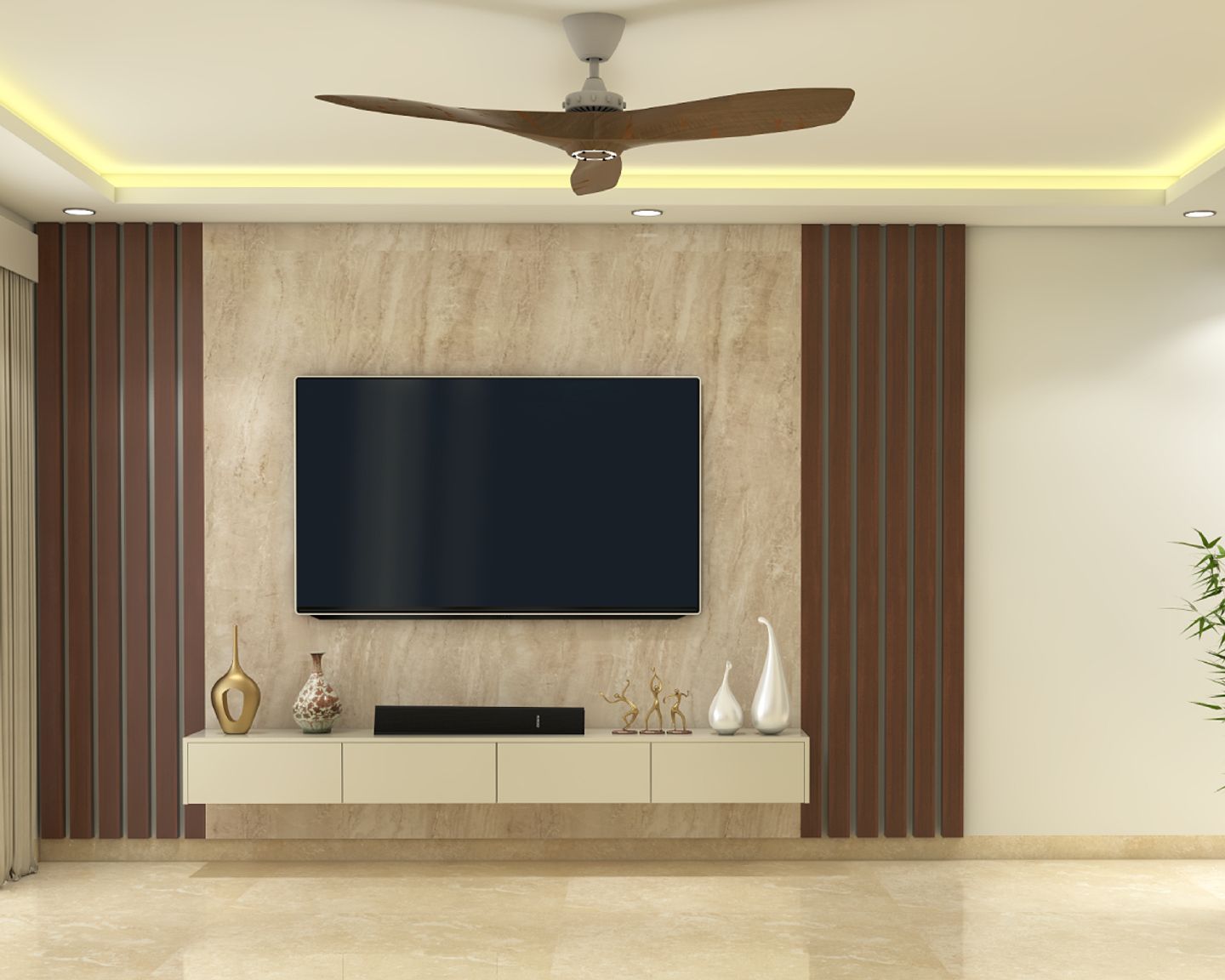 Modern TV unit with wooden fluted panels.