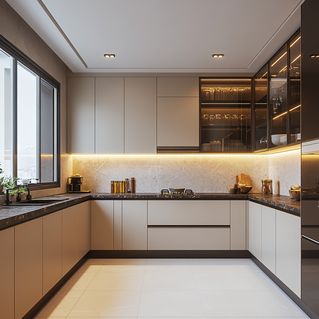 Elegant and Functional U-Shaped Kitchen with Beige Cabinetry, Black Countertops, and Warm Lighting | Material Depot