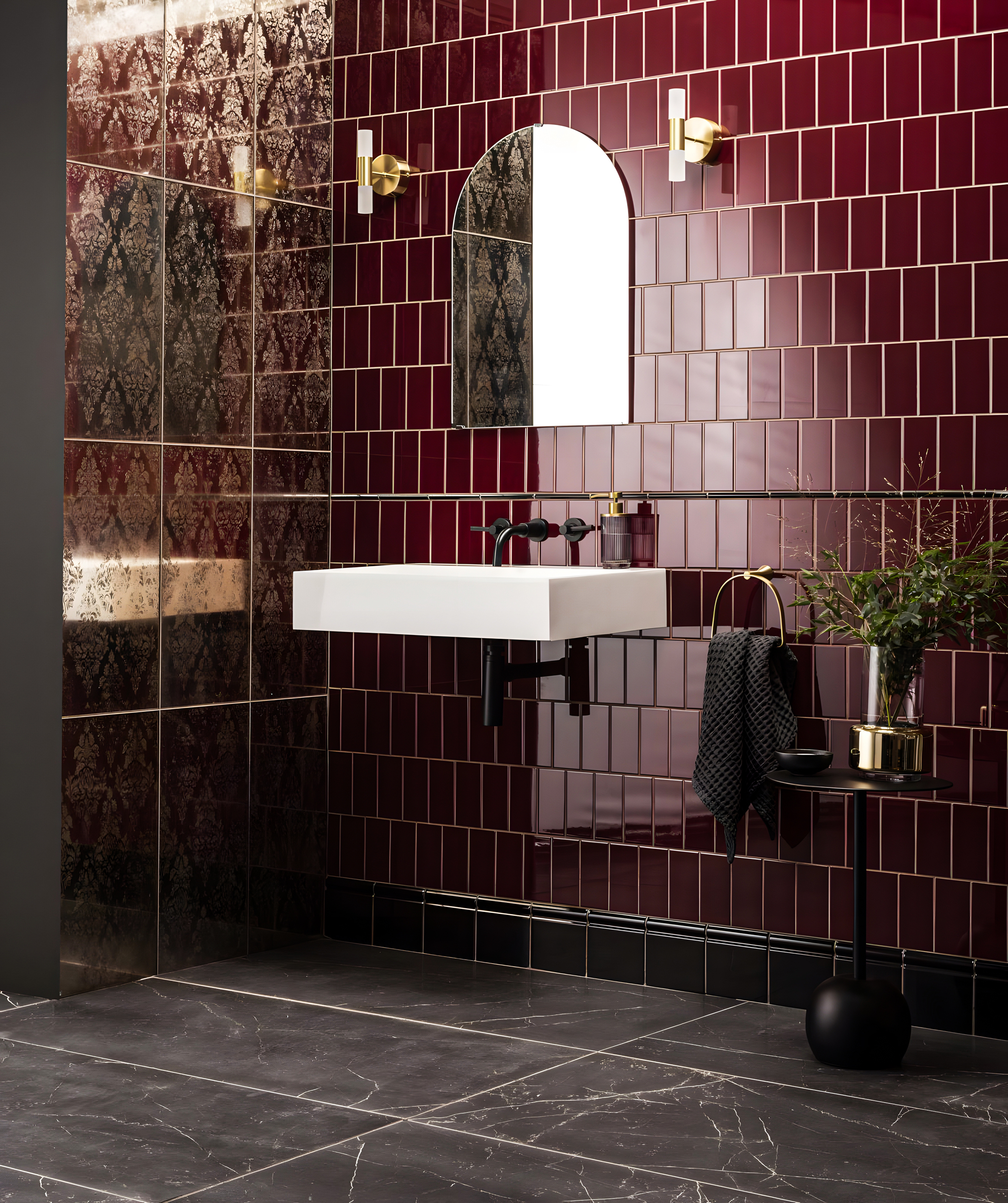 Elegant Bathroom Design with Rich Burgundy Tiles and Modern Fixtures | Material Depot