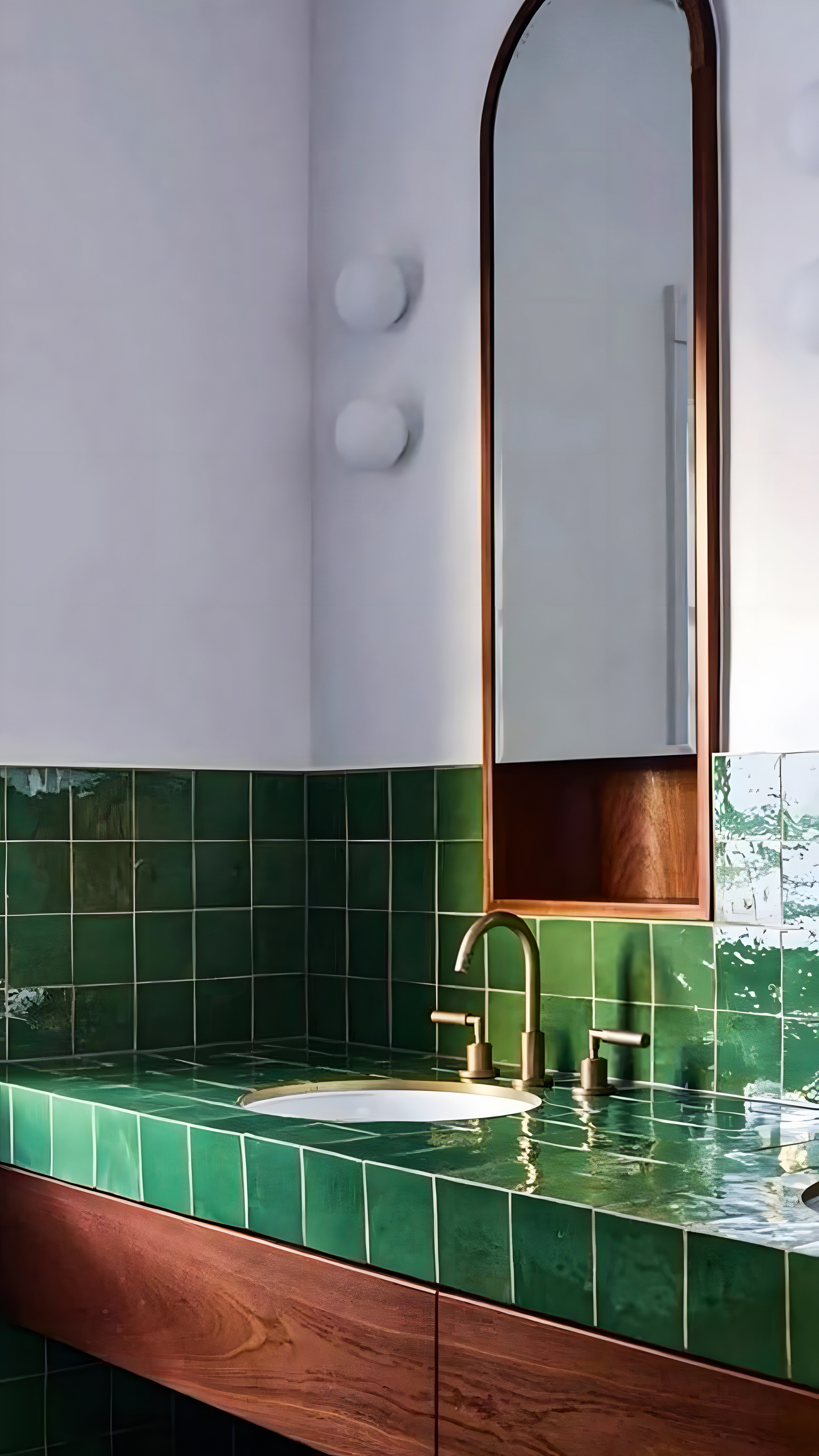 Elegant Bathroom Featuring Lush Green Tiles and Minimalist Design Elements | Material Depot