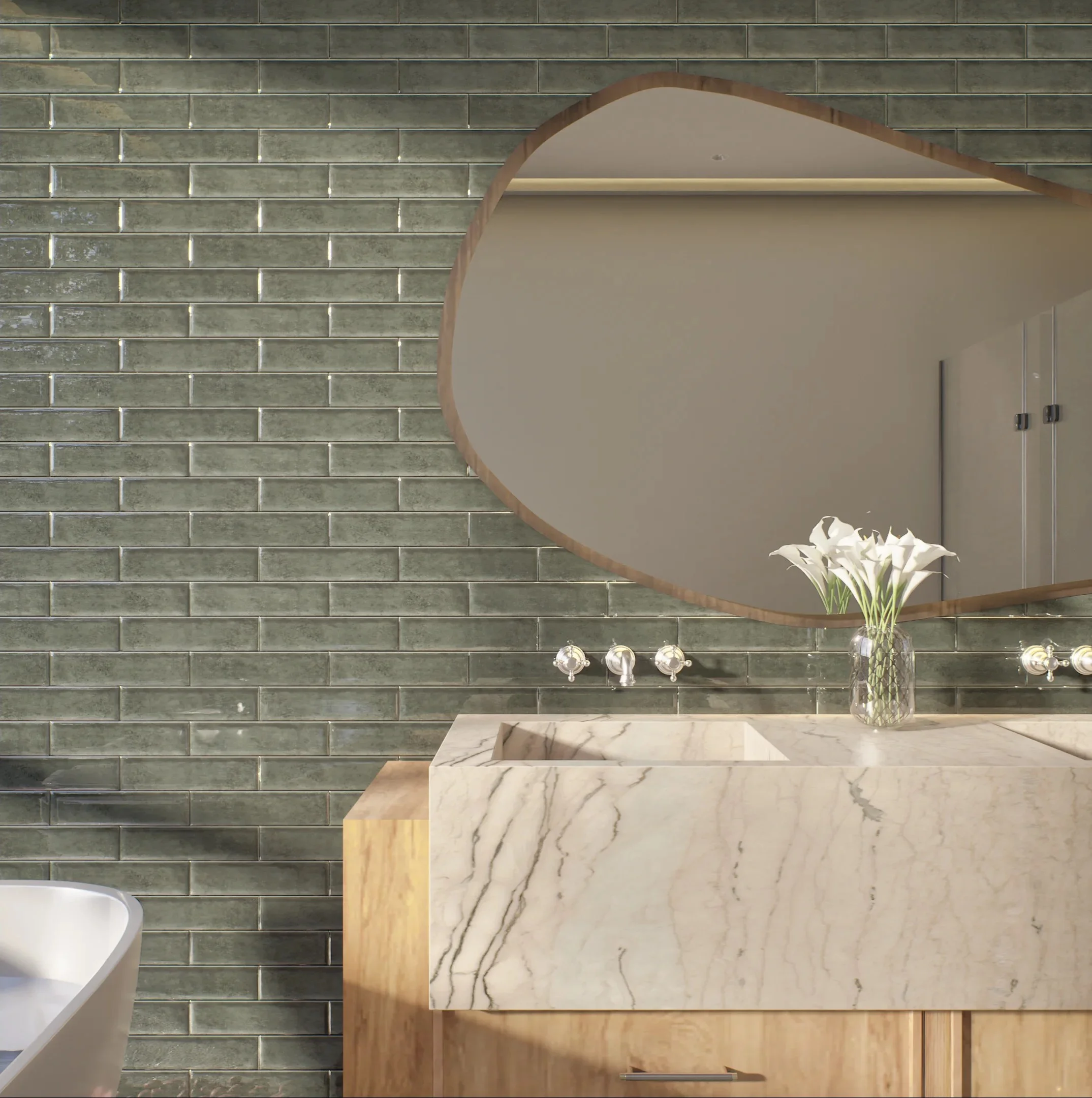 Elegant Bathroom Vanity with Green Brick Tiles | Material Depot