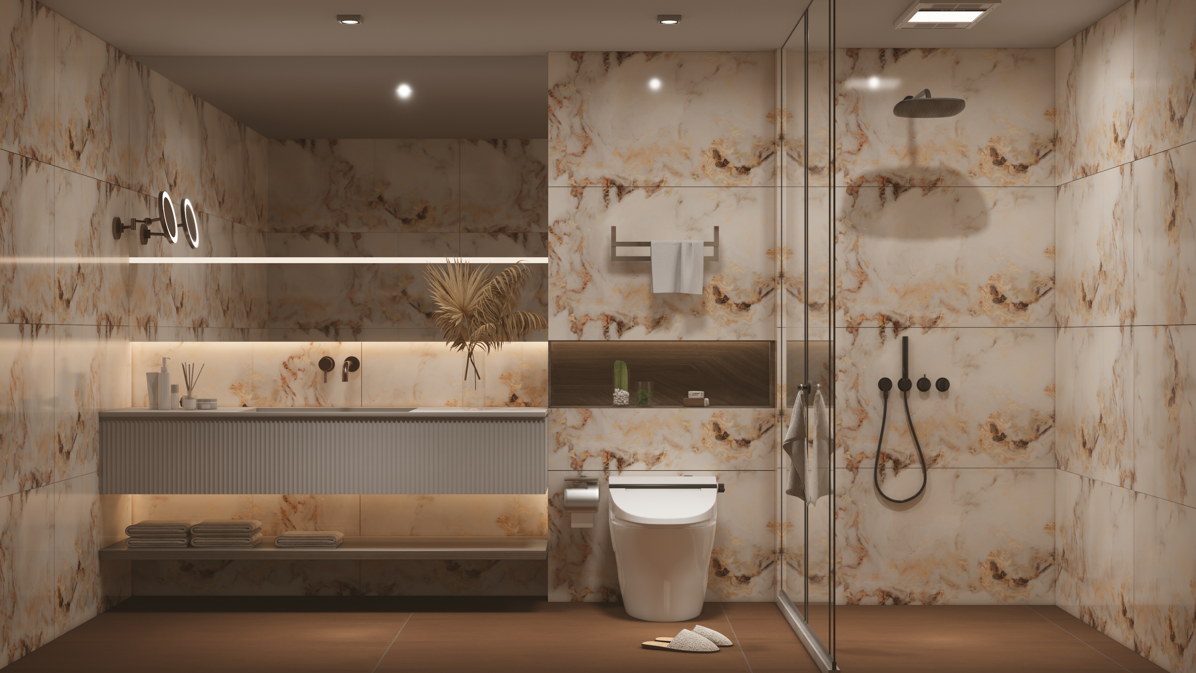 Elegant Bathroom with Beige and Gold Marble Accents | Material Depot