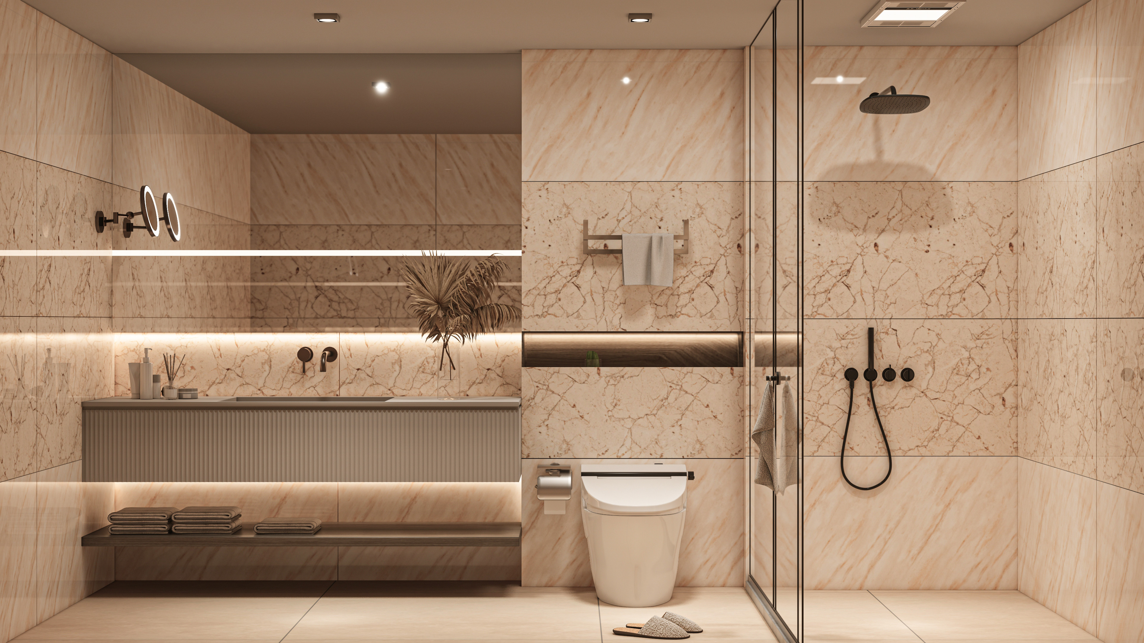 Elegant Bathroom with Beige Marble Walls and Warm Lighting | Material Depot