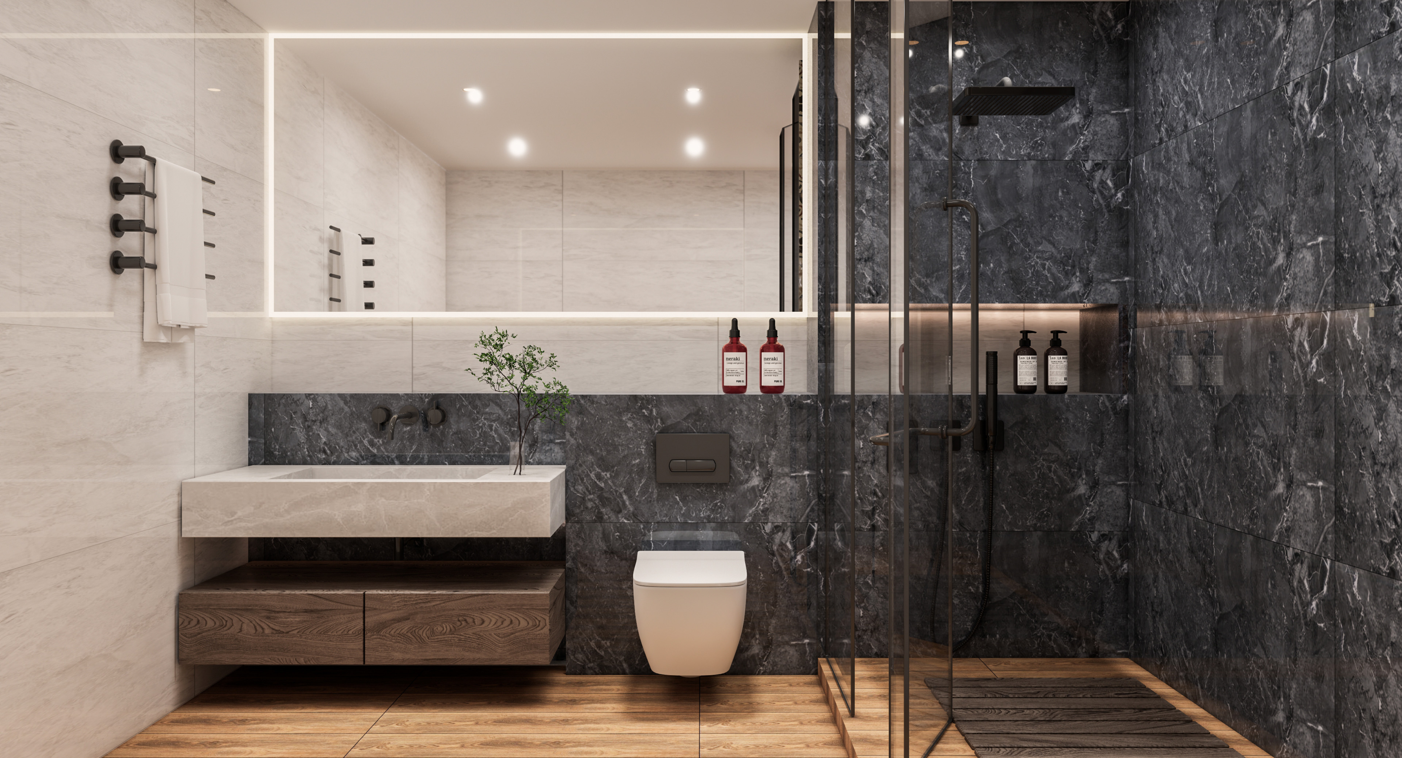 Elegant Bathroom with Black Marble and Wooden Flooring | Material Depot