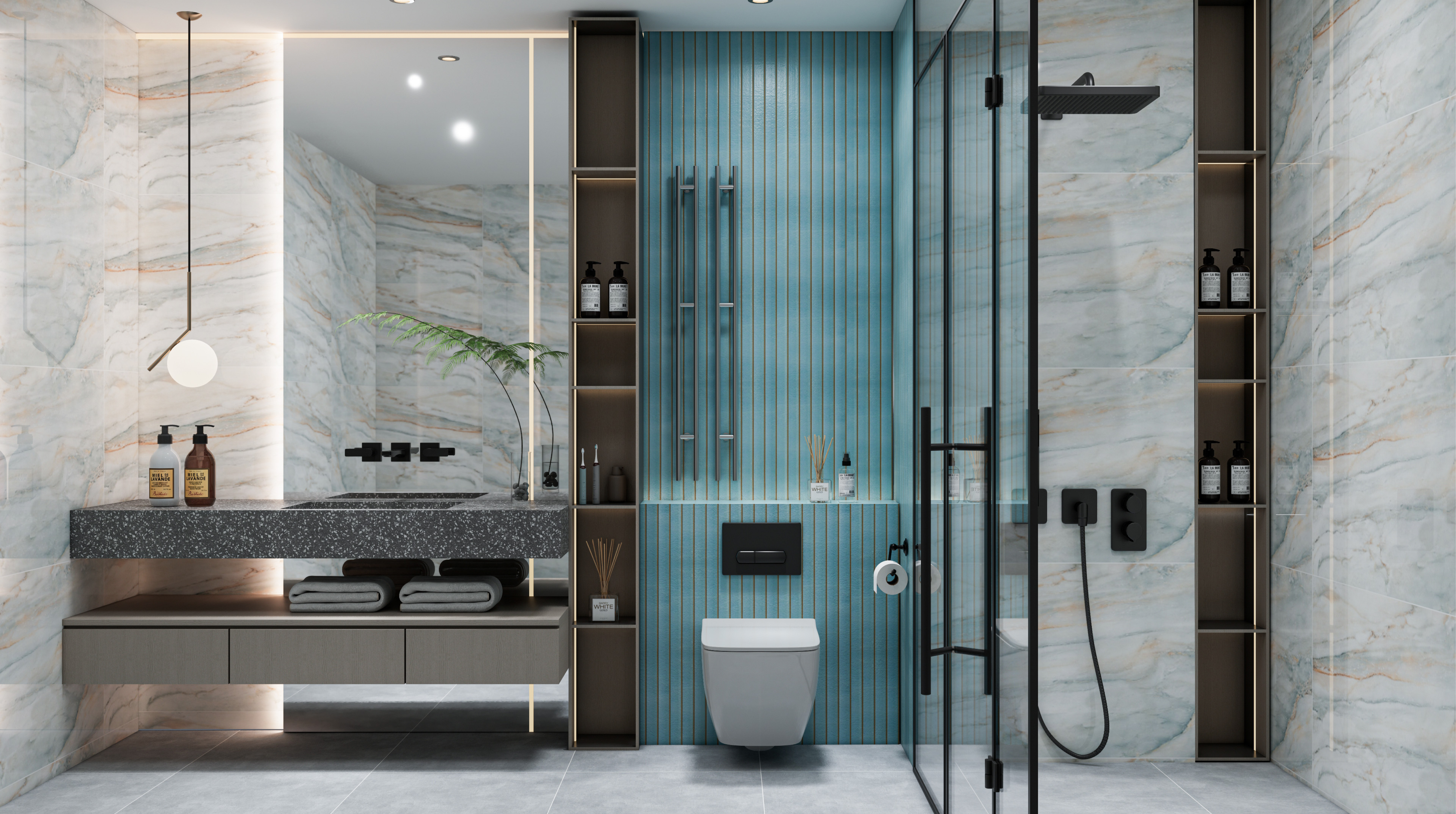 Elegant Bathroom with Blue Fluted Accent Wall and Marble Tiles | Material Depot