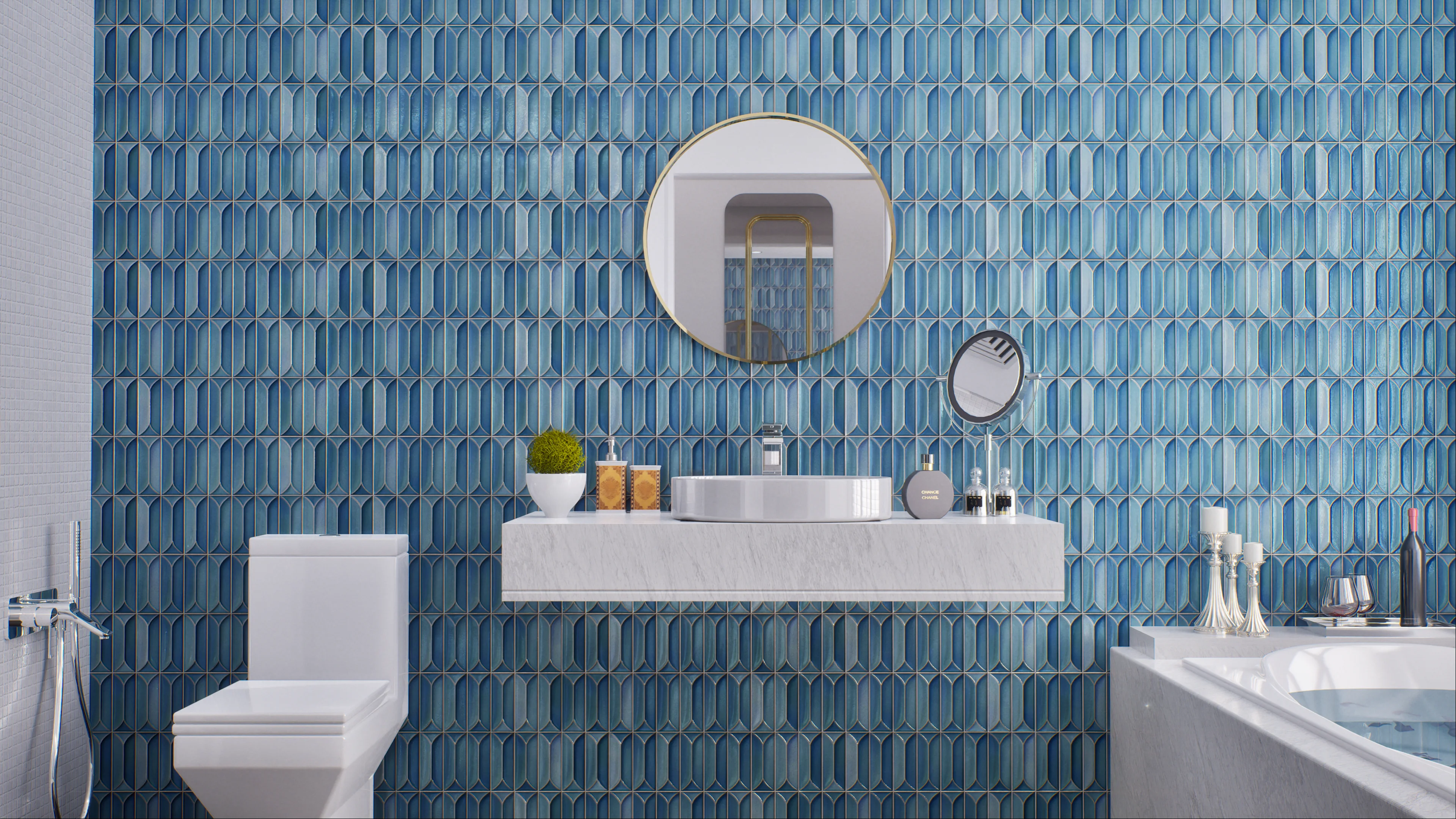 Elegant Bathroom with Blue Geometric Tile Wall | Material Depot