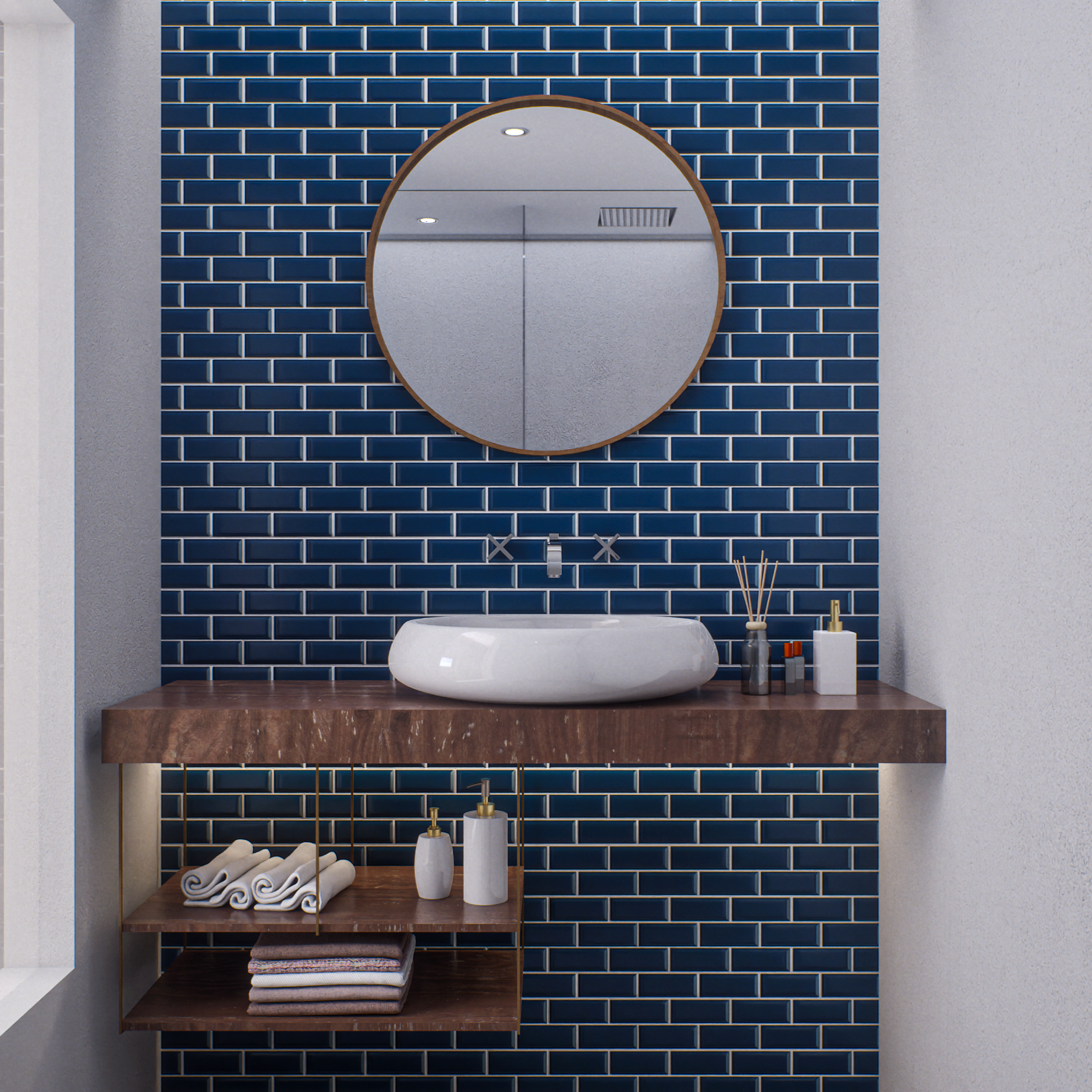 Elegant Bathroom with Deep Blue Subway Tiles and Wooden Vanity | Material Depot