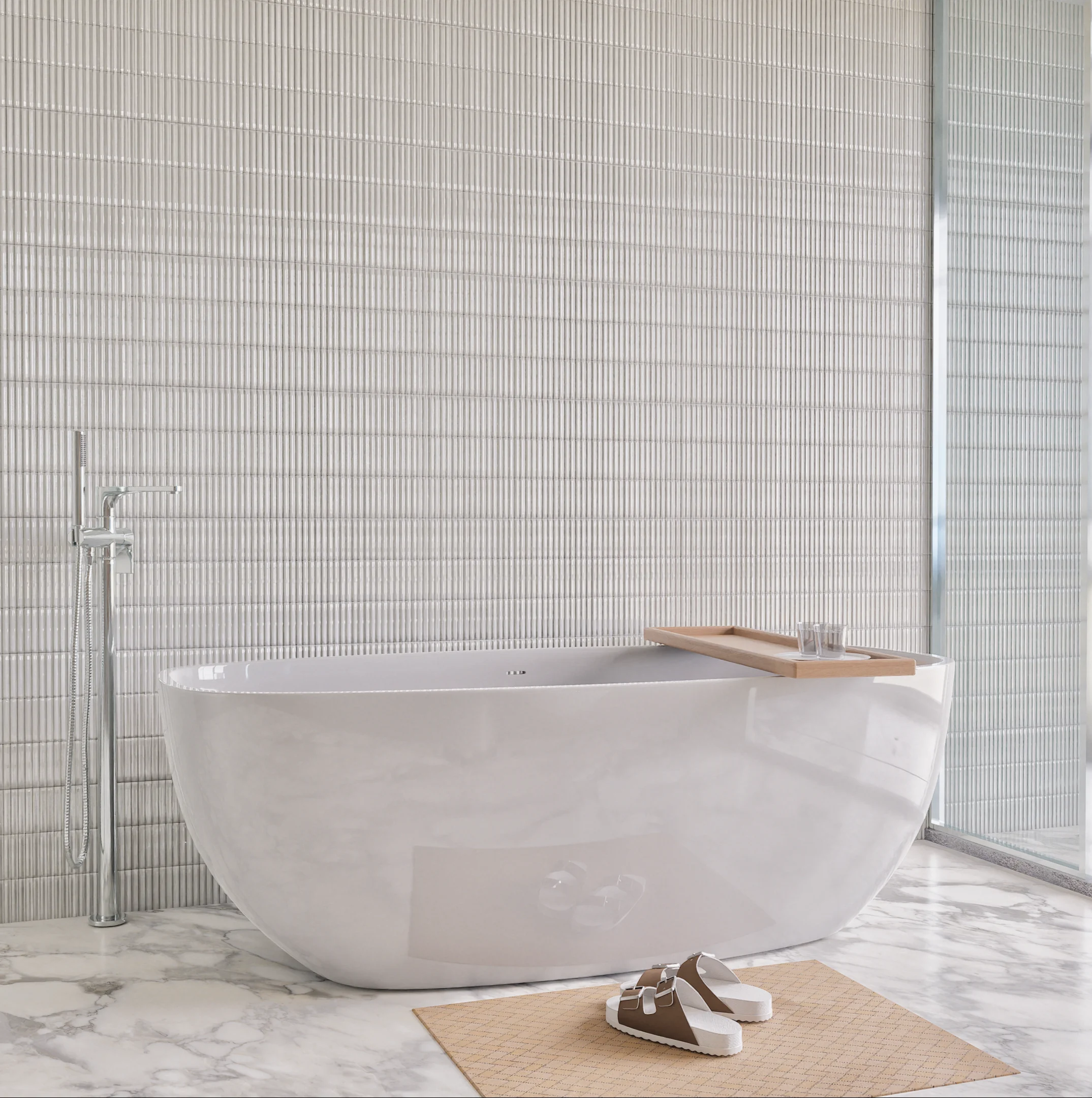 Elegant Bathroom with Freestanding Tub and Textured Tiles | Material Depot