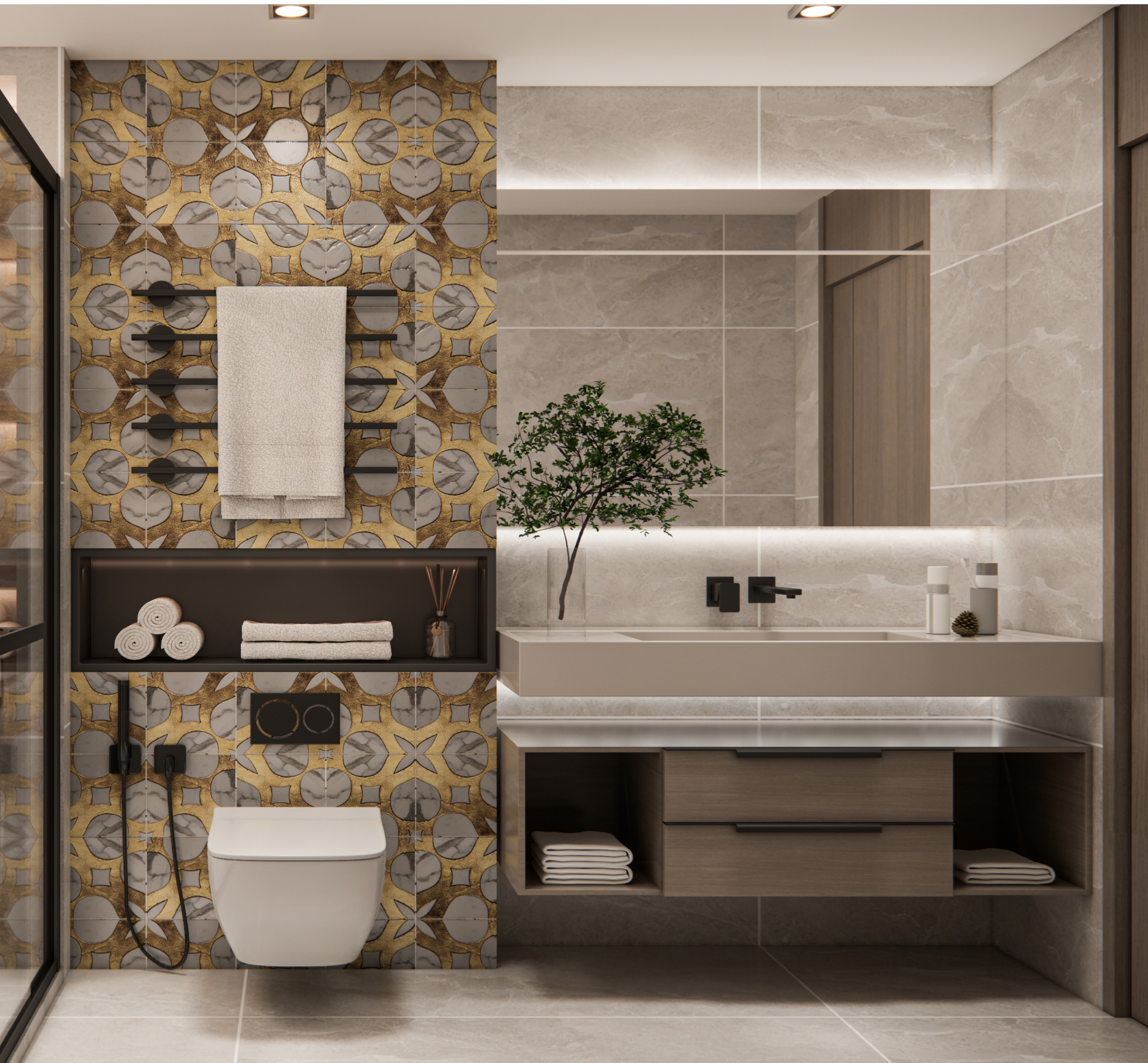 Elegant Bathroom with Gold-Accented Highlighter Tiles | Material Depot