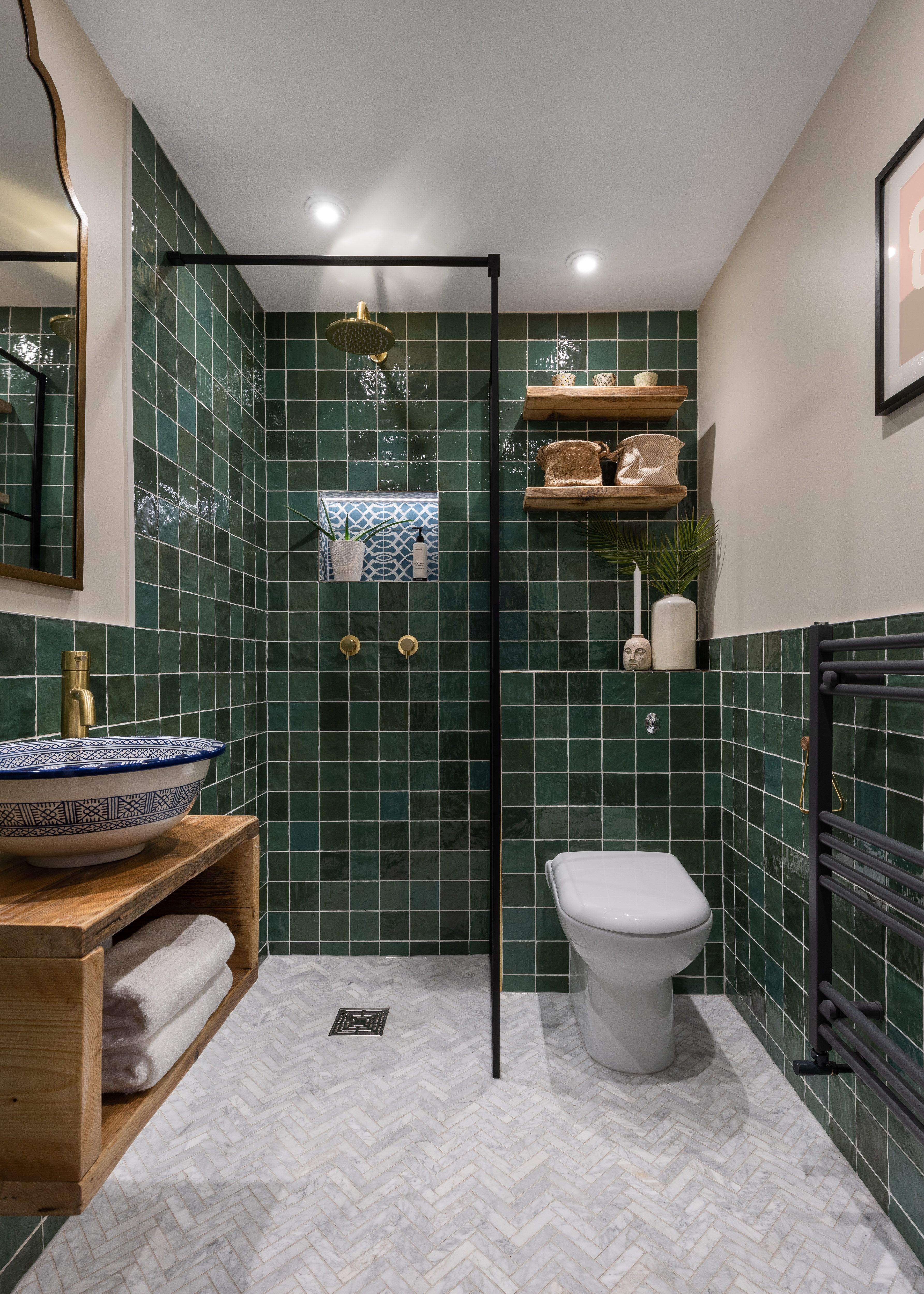 Elegant Bathroom with Green Tiles and Rustic Wooden Accents | Material Depot