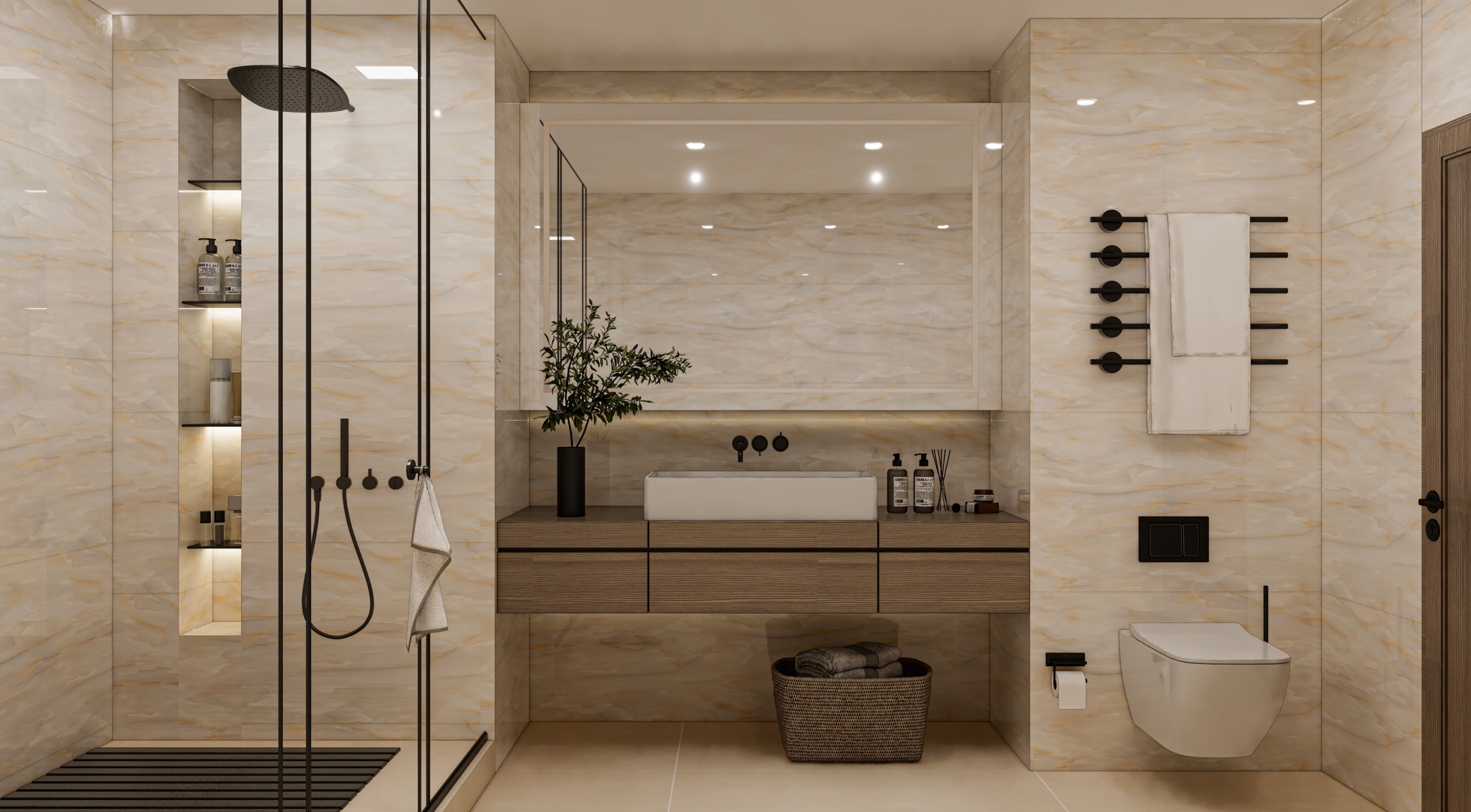 Elegant Bathroom with Marble-Look Walls and Wooden Vanity | Material Depot