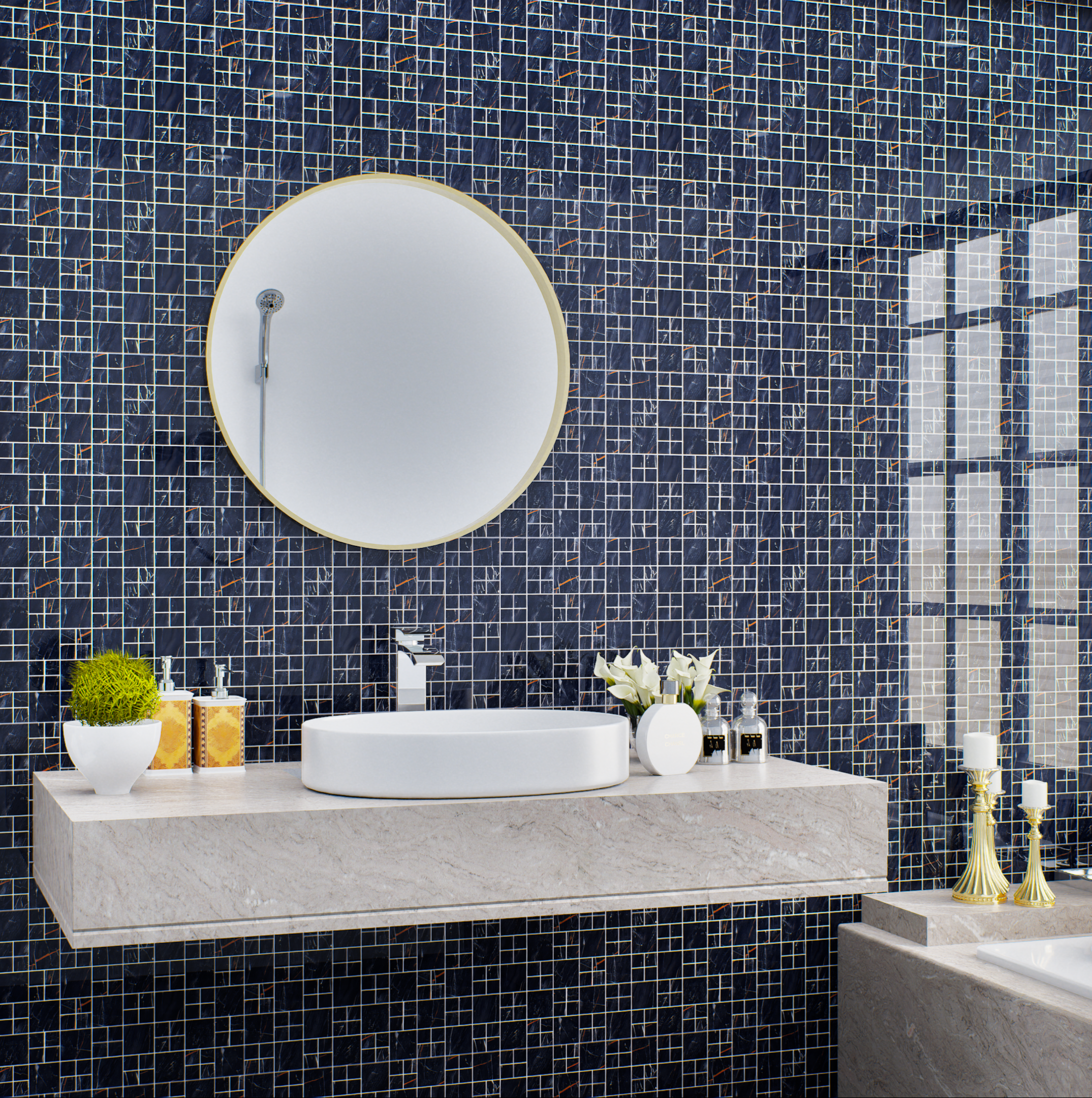 Elegant Bathroom with Midnight Blue Mosaic Tile Wall | Material Depot