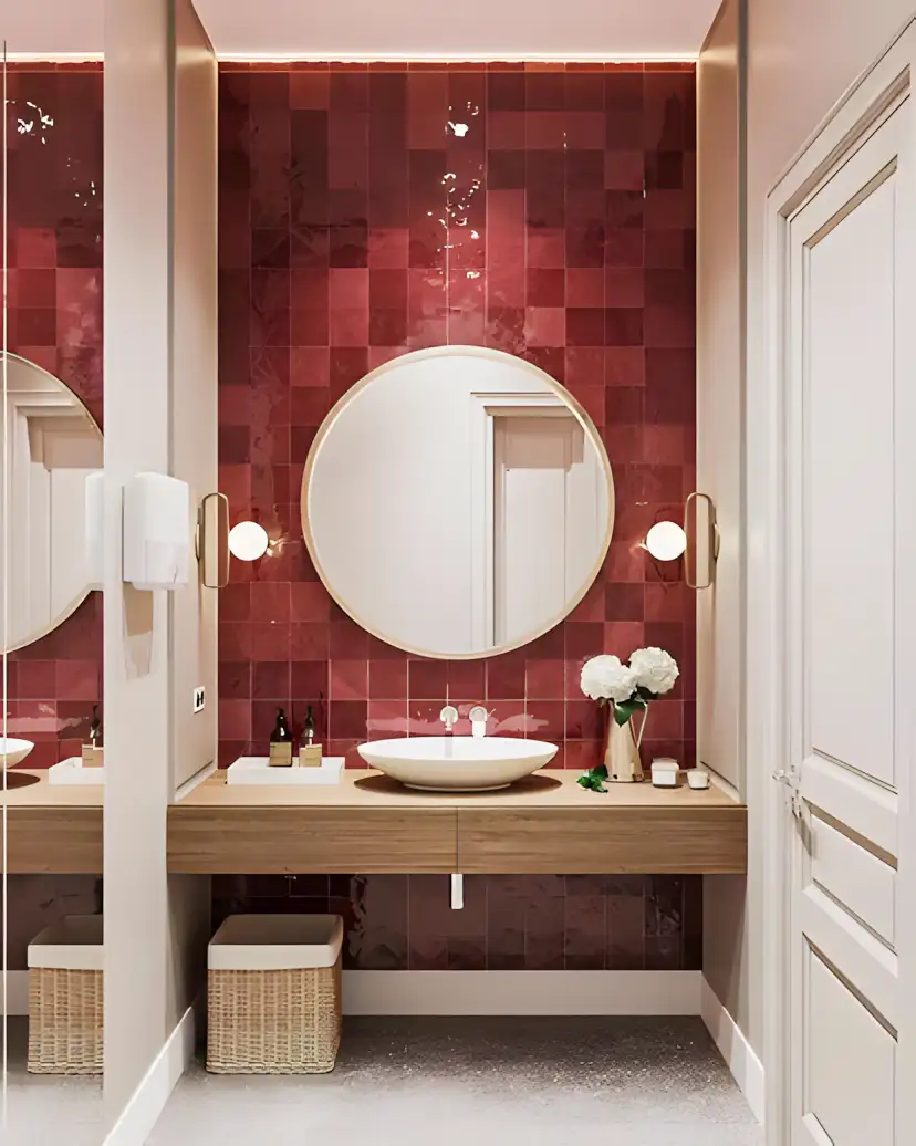 Elegant Bathroom with Red Tile Accent Wall | Material Depot