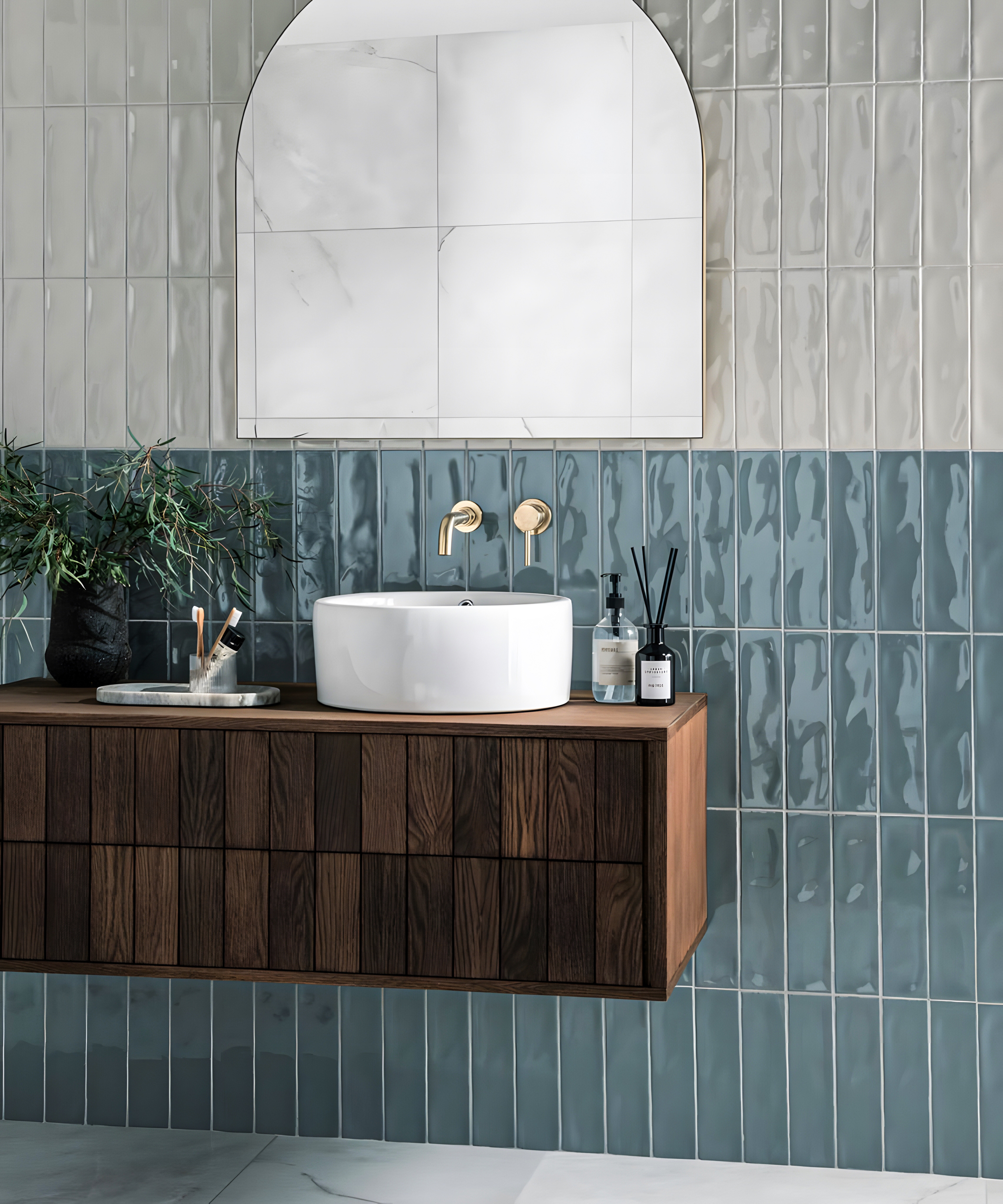 Elegant Bathroom with Textured Blue Tiles and Wooden Vanity | Material Depot