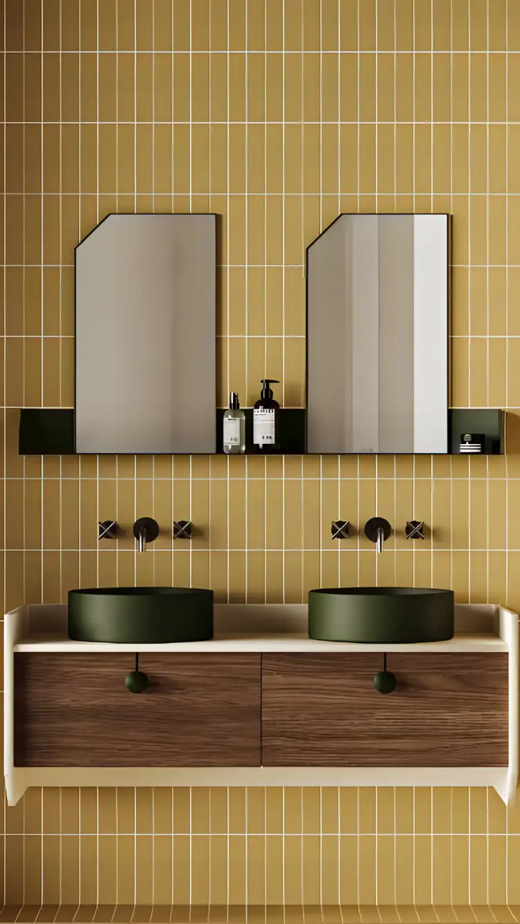 Elegant Bathroom With Yellow Tiled Wall | Material Depot