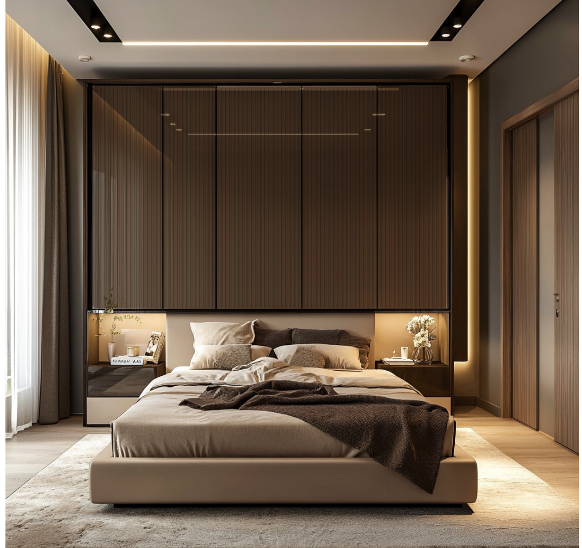 Elegant Bedroom with Dark Fluted Acrylic Wardrobe and Warm Lighting | Material Depot