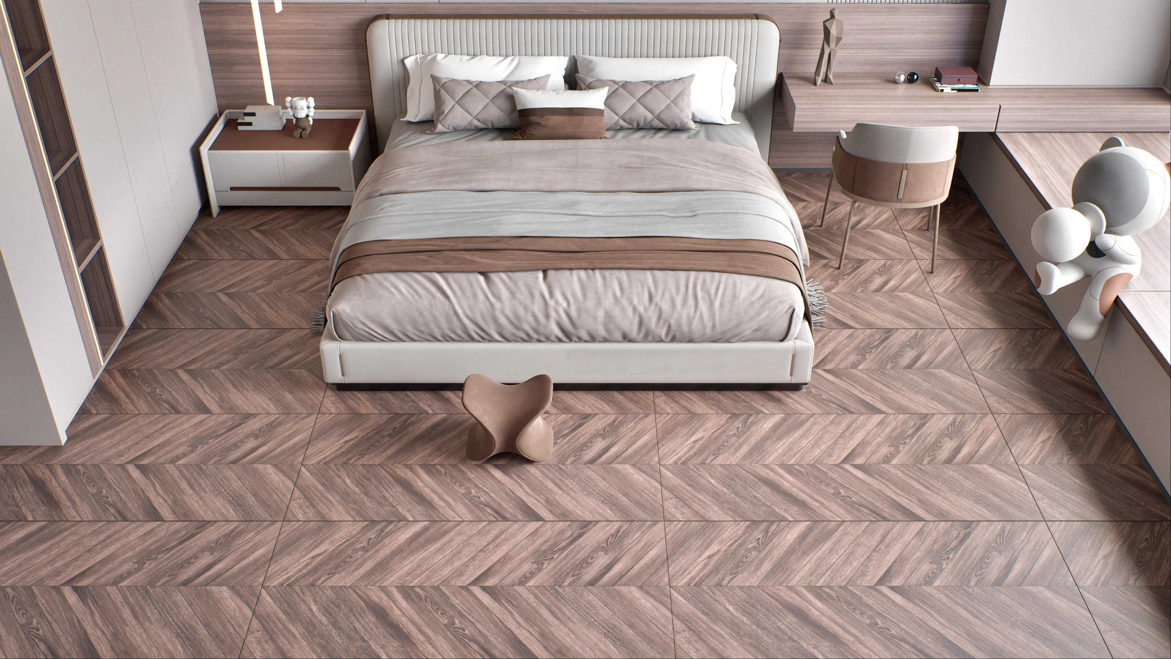 Elegant Bedroom with Herringbone Wood Flooring | Material Depot