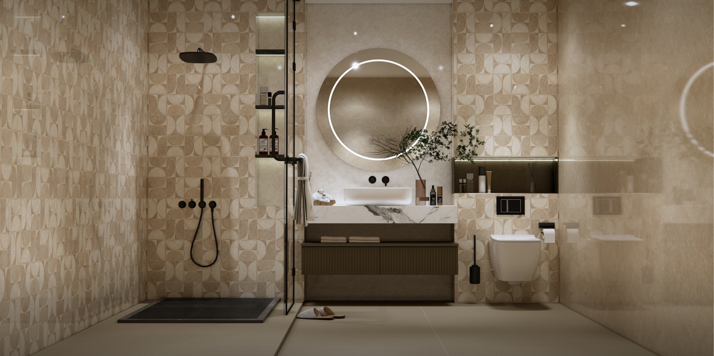 Elegant Beige Bathroom with Geometric Patterns and Warm Tones | Material Depot