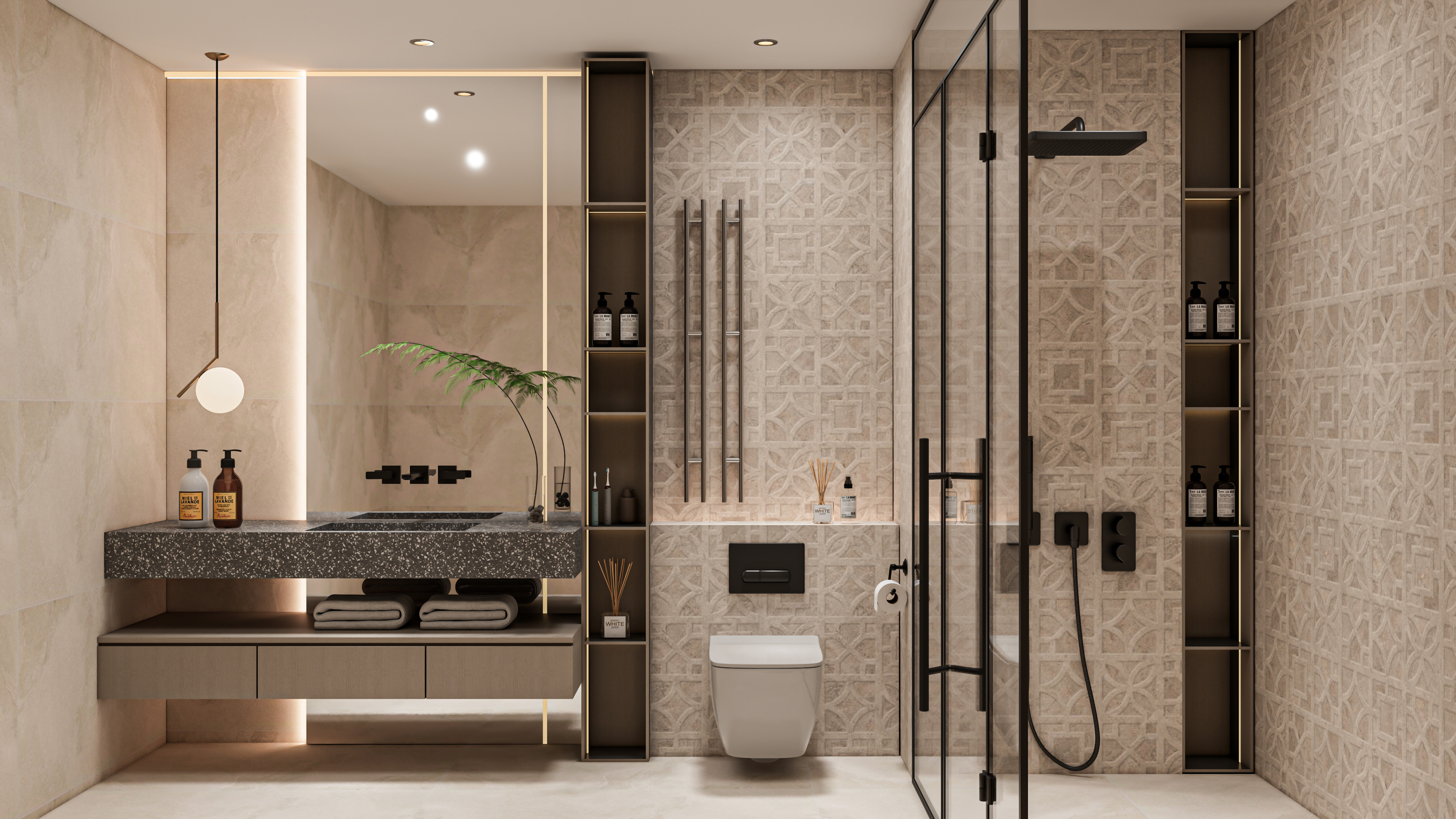 Elegant Beige Bathroom with Intricate Patterned Tiles | Material Depot