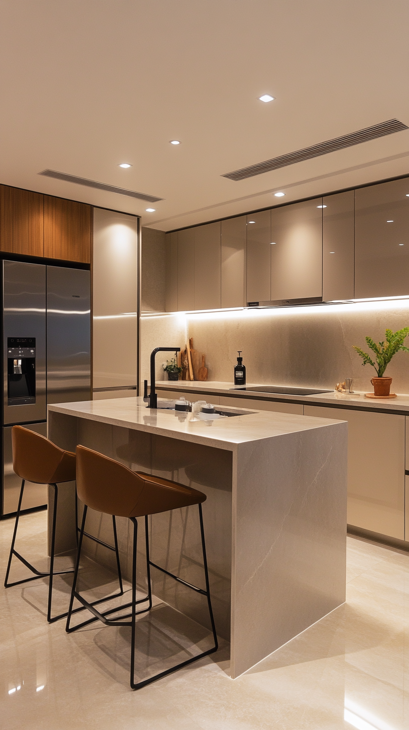 Elegant Beige-Themed Kitchen with High-Gloss Laminates and Stone Countertop | Material Depot