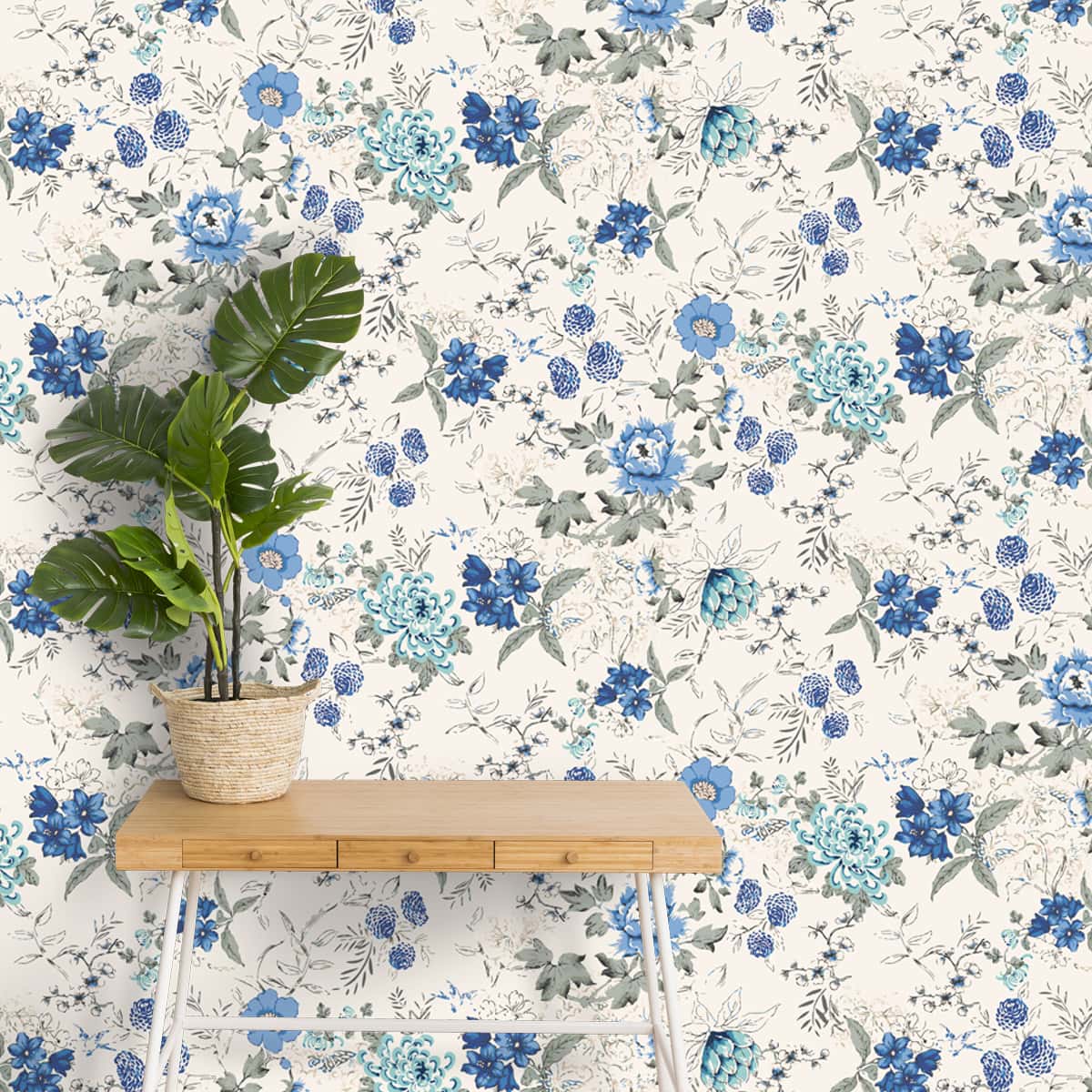 A close-up of a Blue Floral Pattern Wallpapers for Bedrooms and Living Rooms Sparkla N Shine Series Florals Design (Customised Size Wallpaper) with a finish available at Material Depot in Bangalore