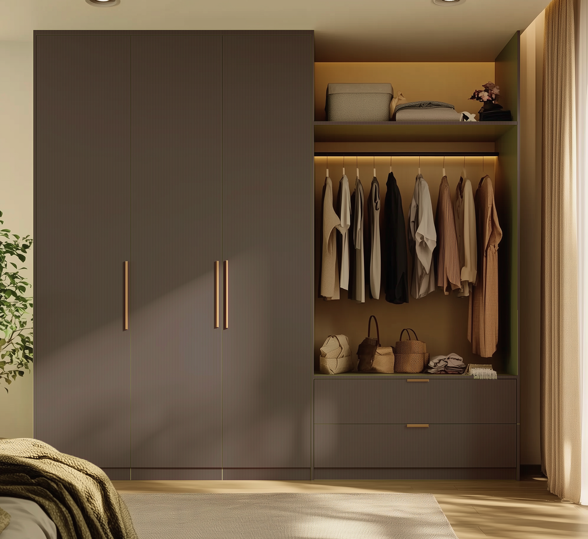 Elegant Brown Wardrobe with Gold Handles for a Warm Bedroom Aesthetic | Material Depot