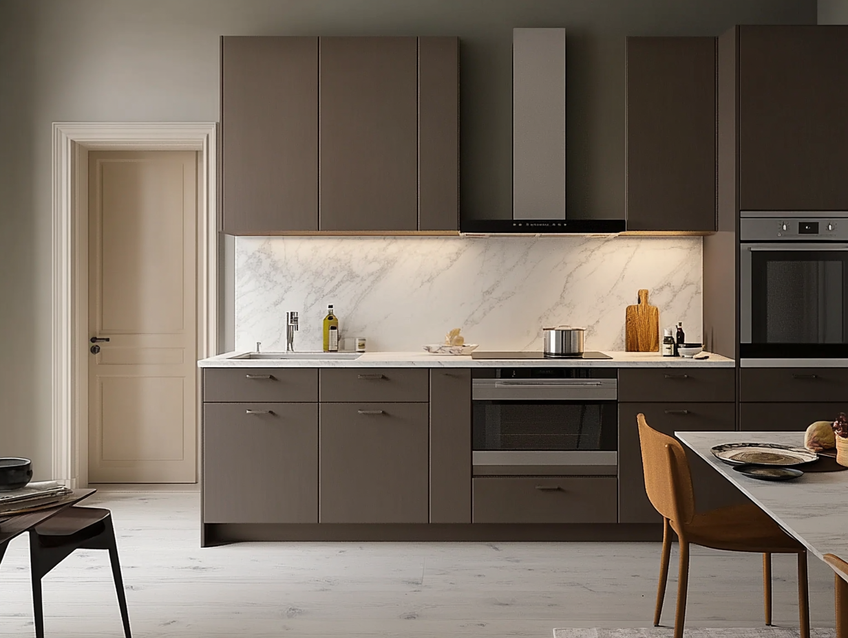 Elegant Contemporary Kitchen with Gray Cabinets and Marble Accents | Material Depot