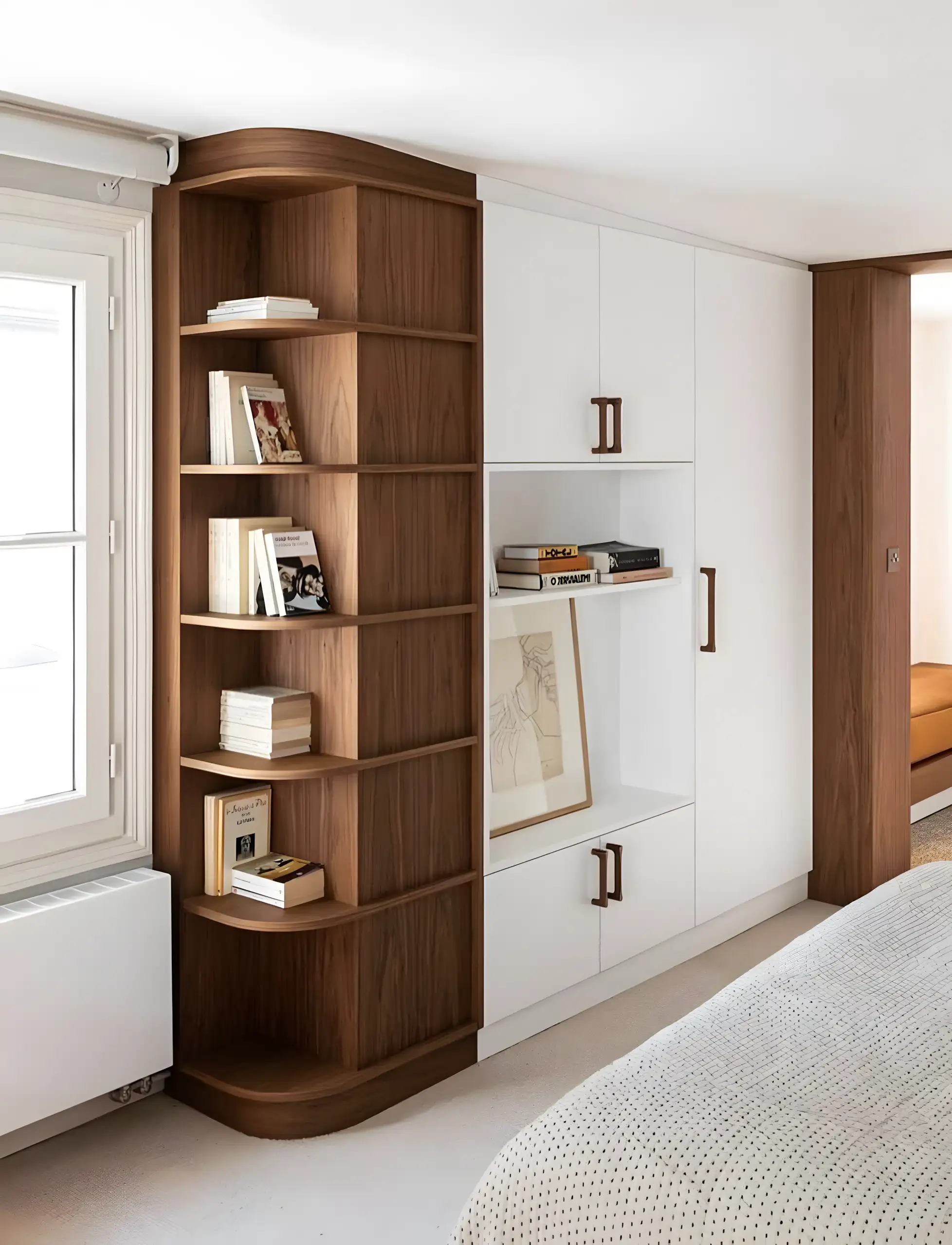 Elegant Curved Wood and White Cabinetry with Built-in Shelves | Material Depot